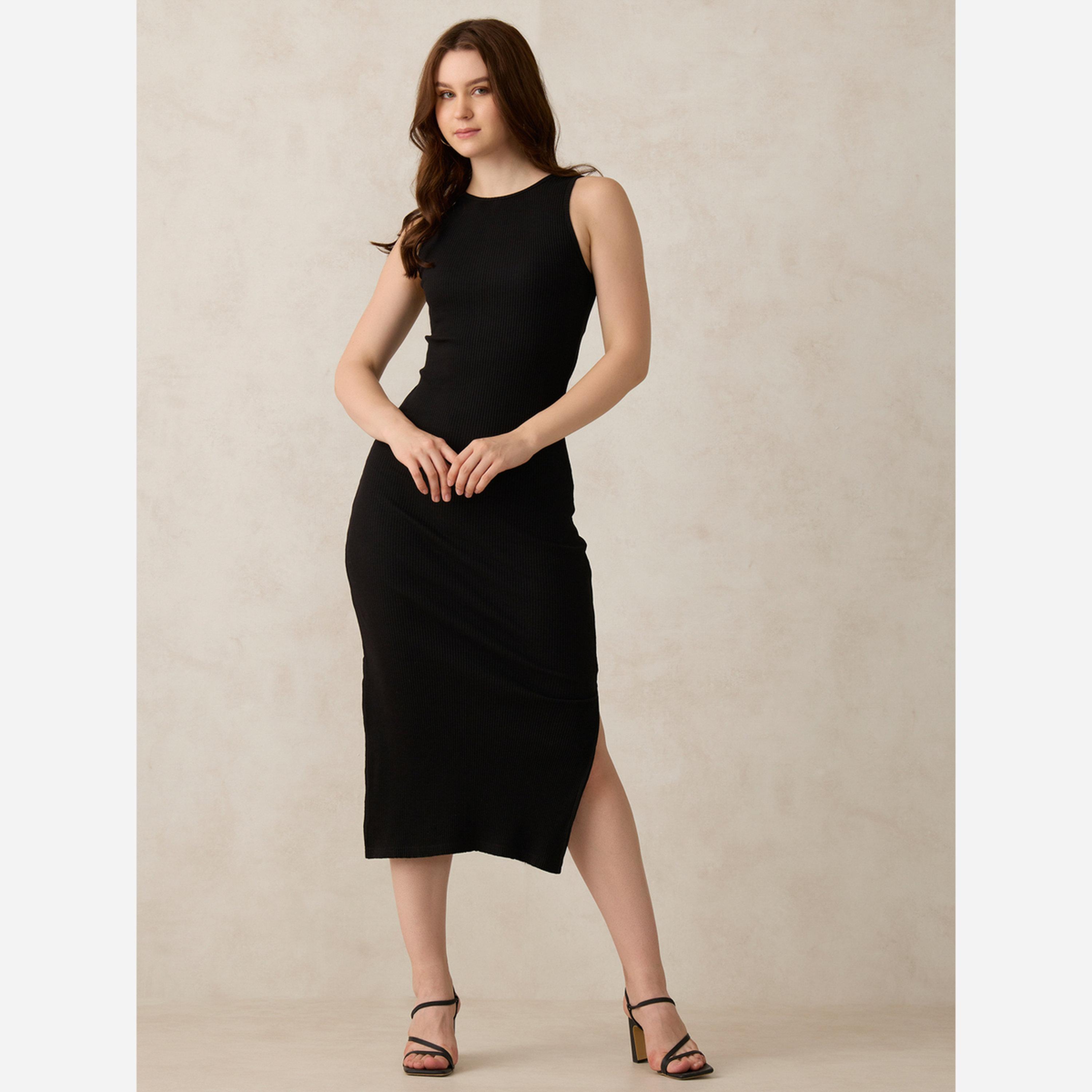 أوتزيدر × ستايلي - فستان متوسط الطول لون أسود ضيق فتحة جانبية-women-clothing-dresses-image-5