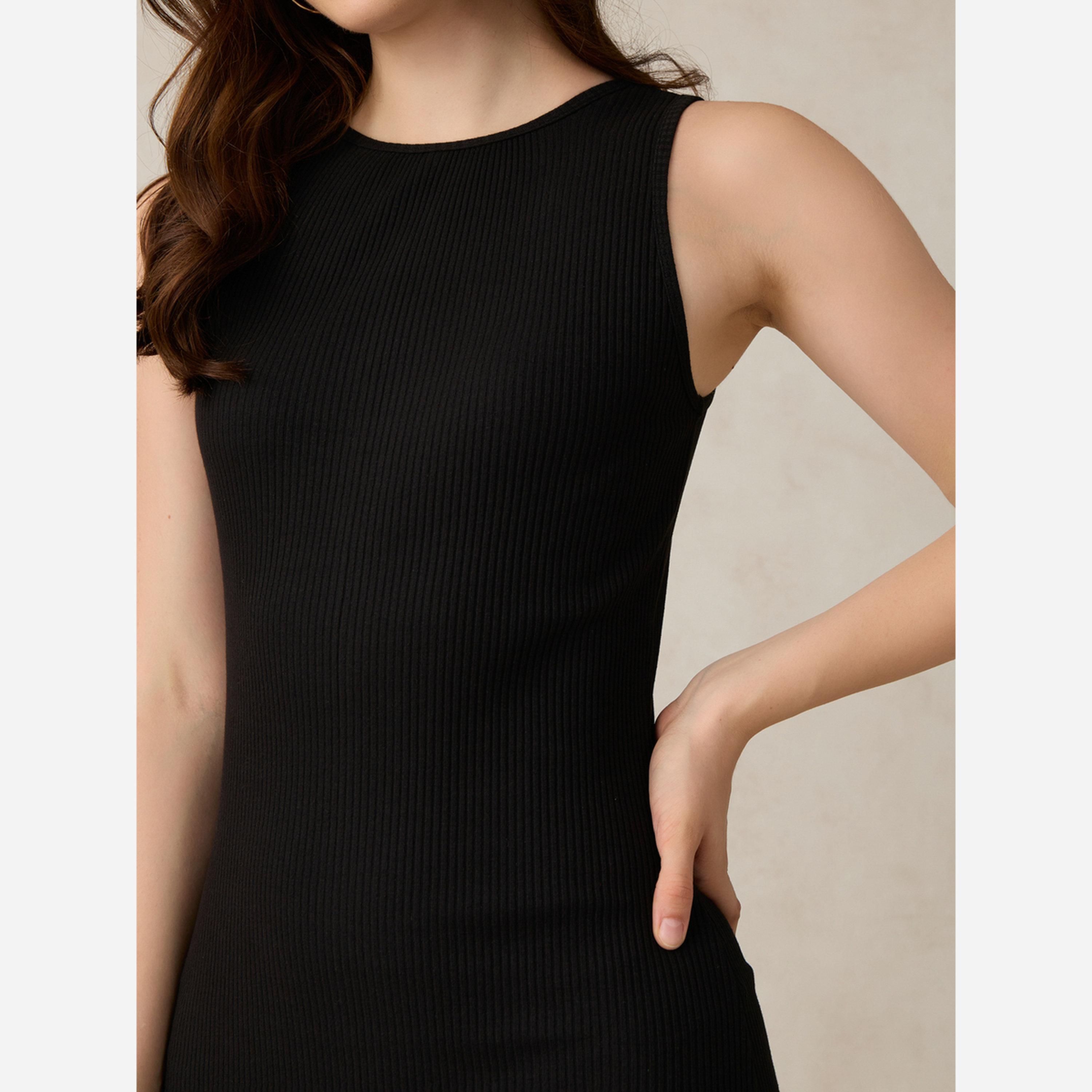 أوتزيدر × ستايلي - فستان متوسط الطول لون أسود ضيق فتحة جانبية-women-clothing-dresses-image-6