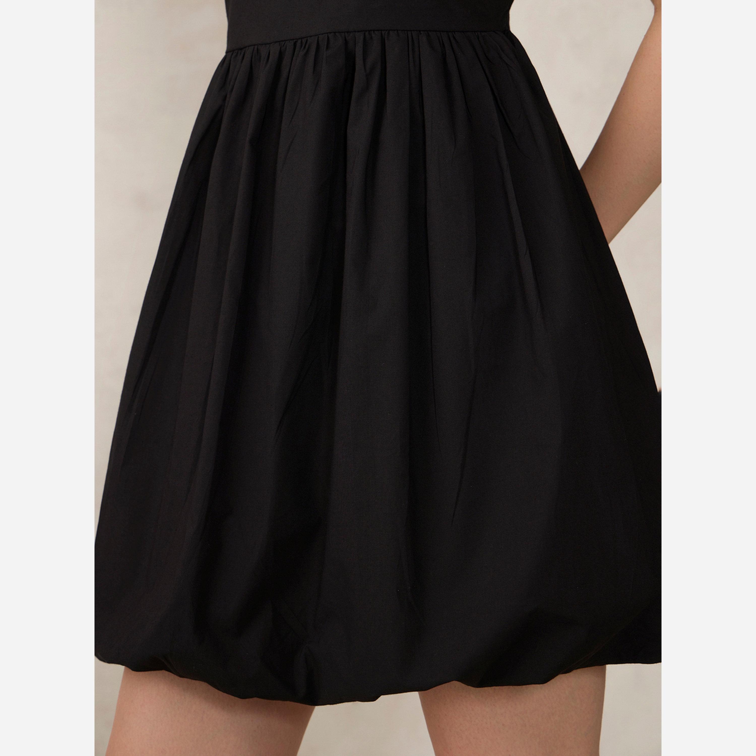 أوتزيدر × ستايلي - فستان قصير لون أسود سادة بحافة منتفخة-women-clothing-dresses-image-6