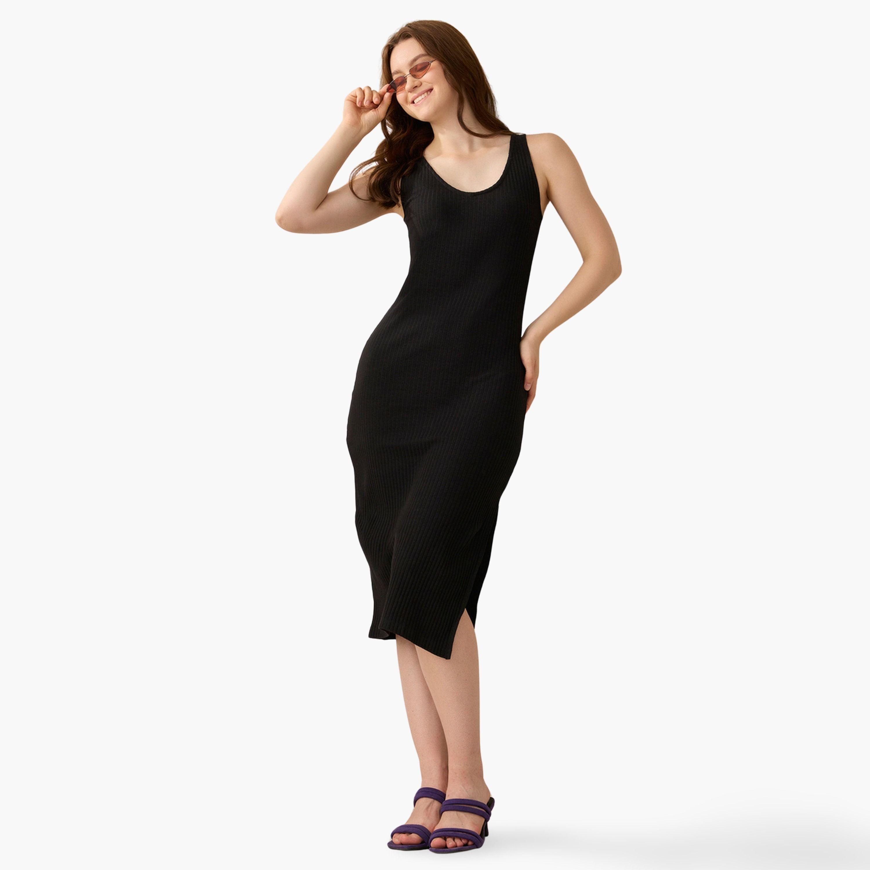 Outzidr X Styli Black Plunge Neck Sleeveless Women's Side Slit Midi Dress-women-clothing-dresses-image-1