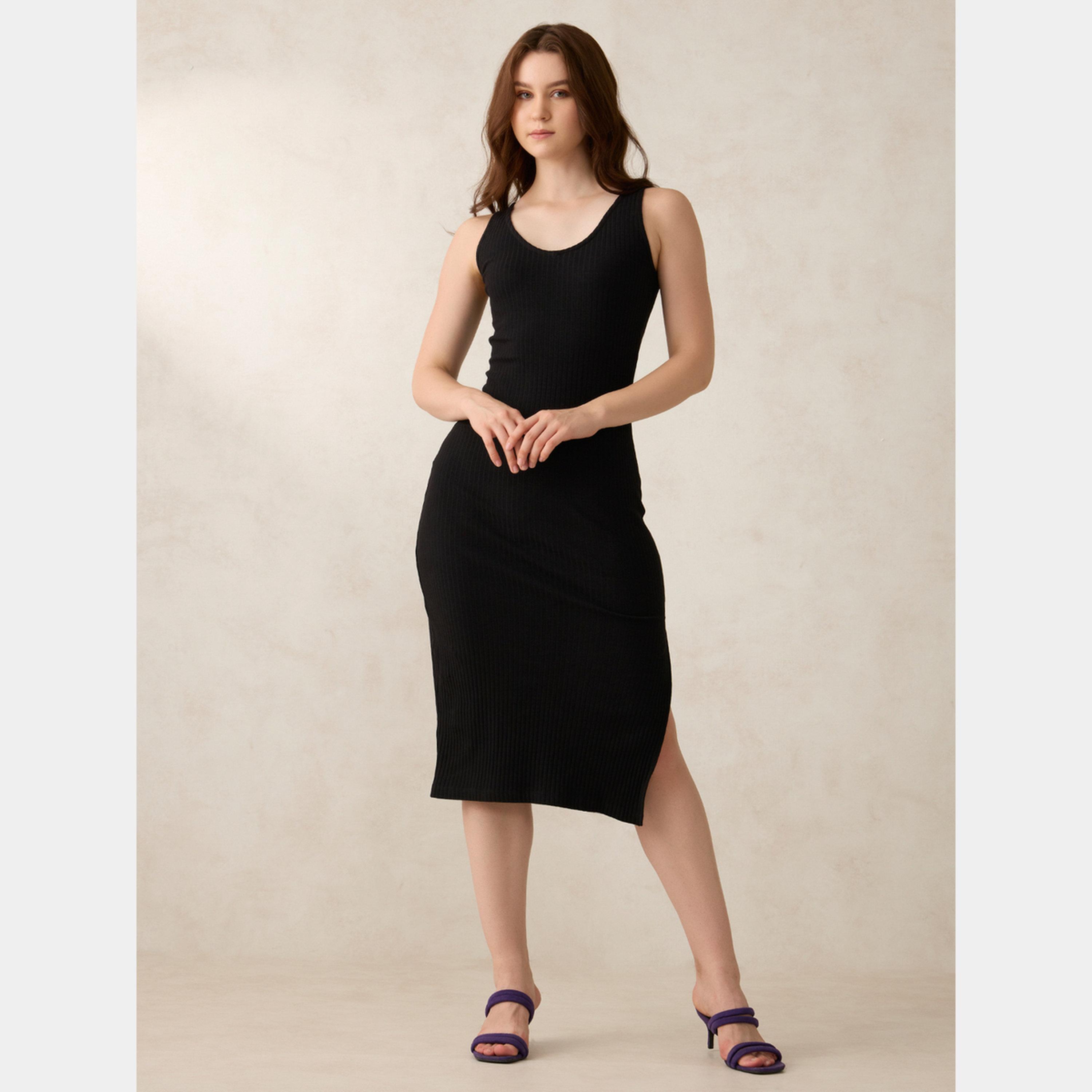 Outzidr X Styli Black Plunge Neck Sleeveless Women's Side Slit Midi Dress-women-clothing-dresses-image-3