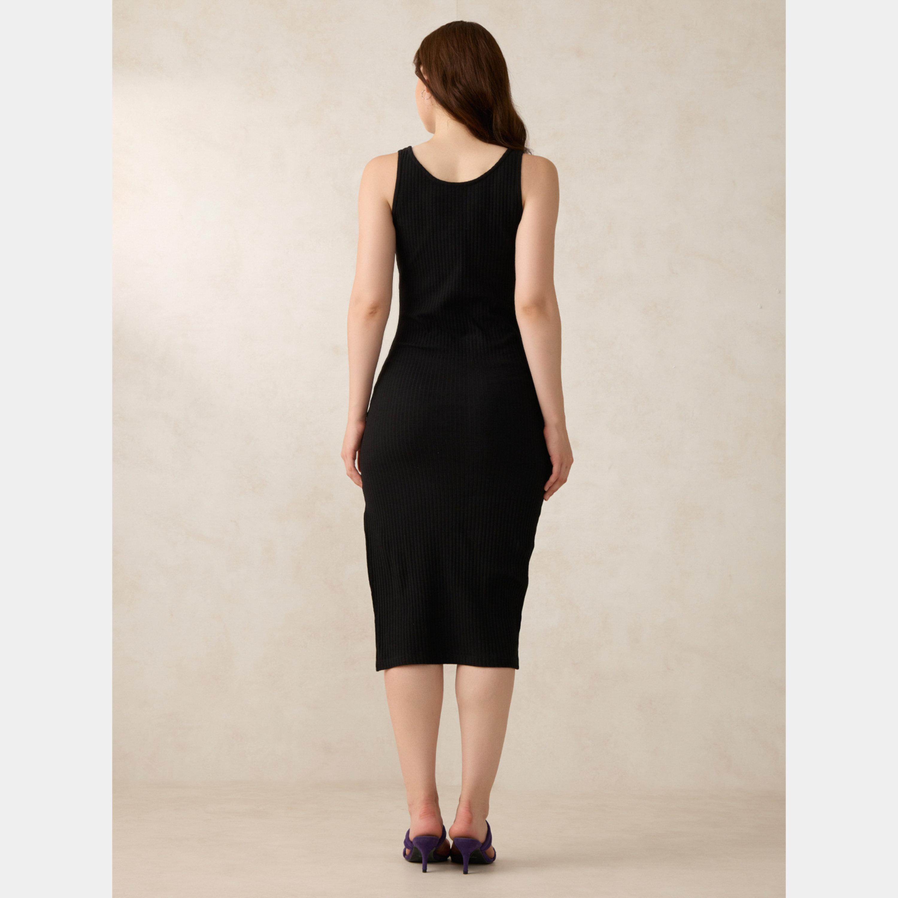 Outzidr X Styli Black Plunge Neck Sleeveless Women's Side Slit Midi Dress-women-clothing-dresses-image-5
