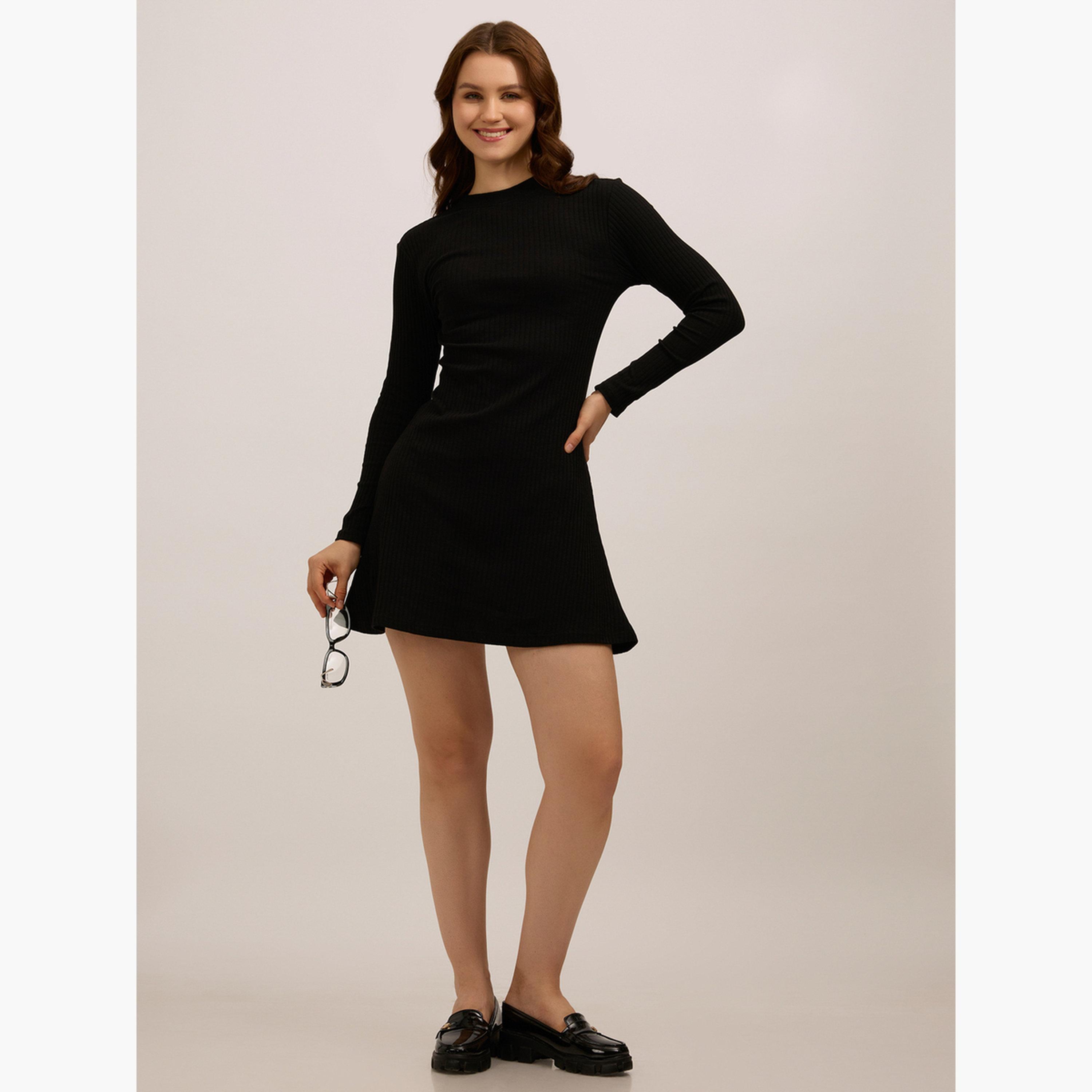 Outzidr X Styli Black High Neck Ribbed Skater Mini Dress-women-clothing-dresses-image-3