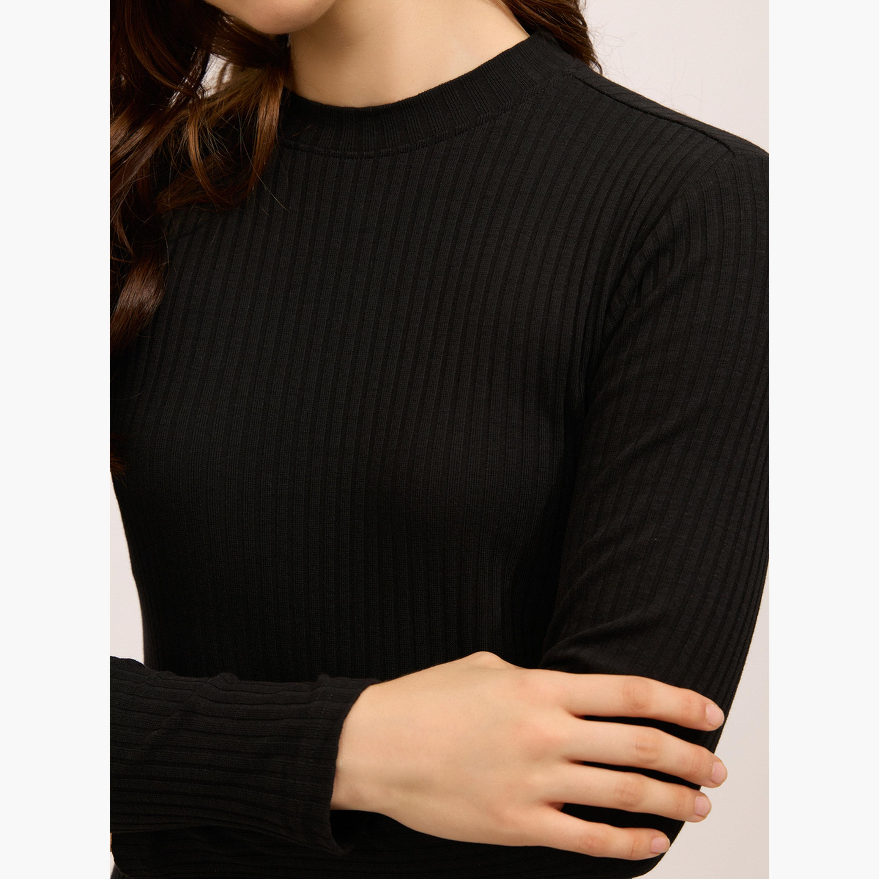 أوتزيدر × ستايلي - فستان قصير أسود برقبة عالية ومضلع-women-clothing-dresses-image-4