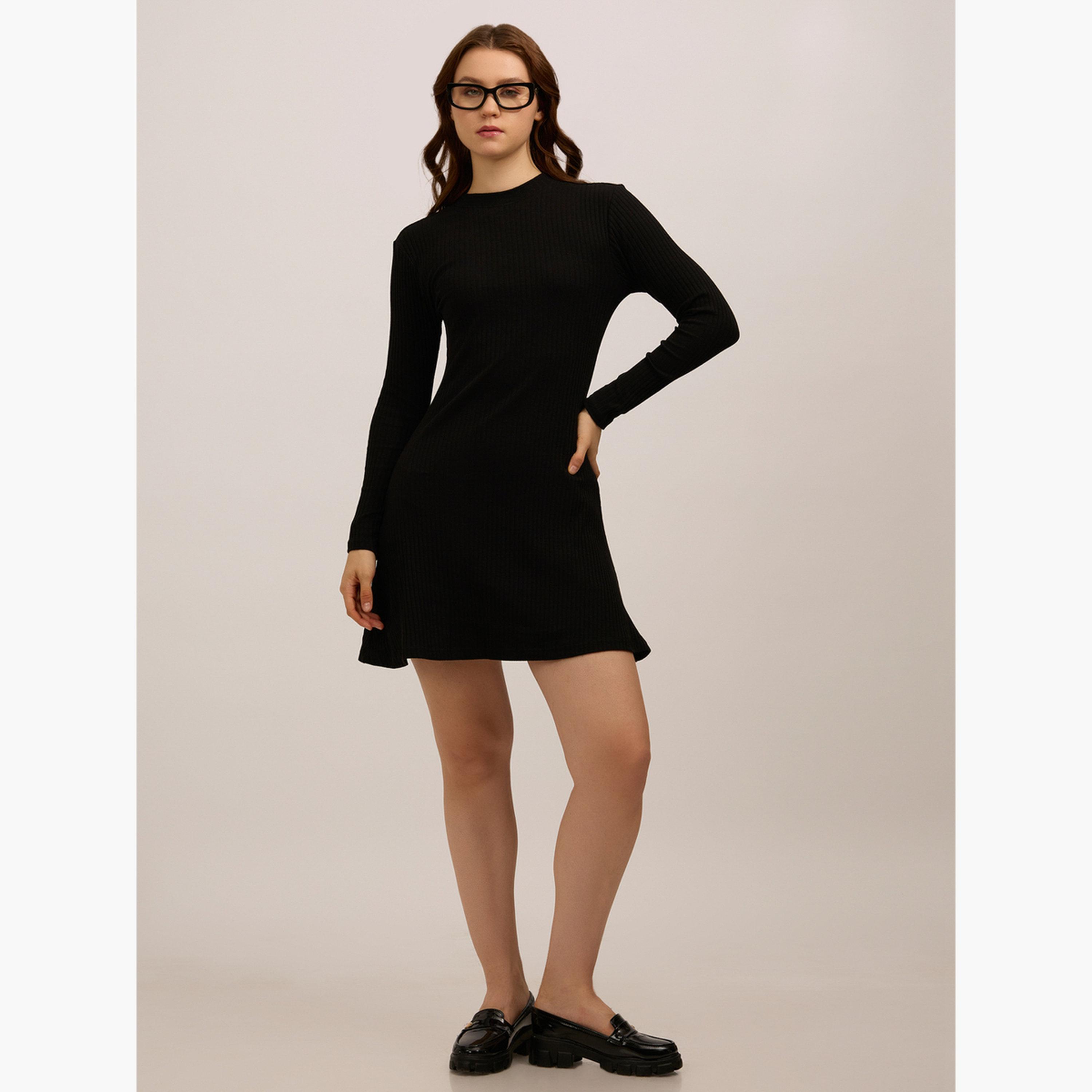 Outzidr X Styli Black High Neck Ribbed Skater Mini Dress-women-clothing-dresses-image-5
