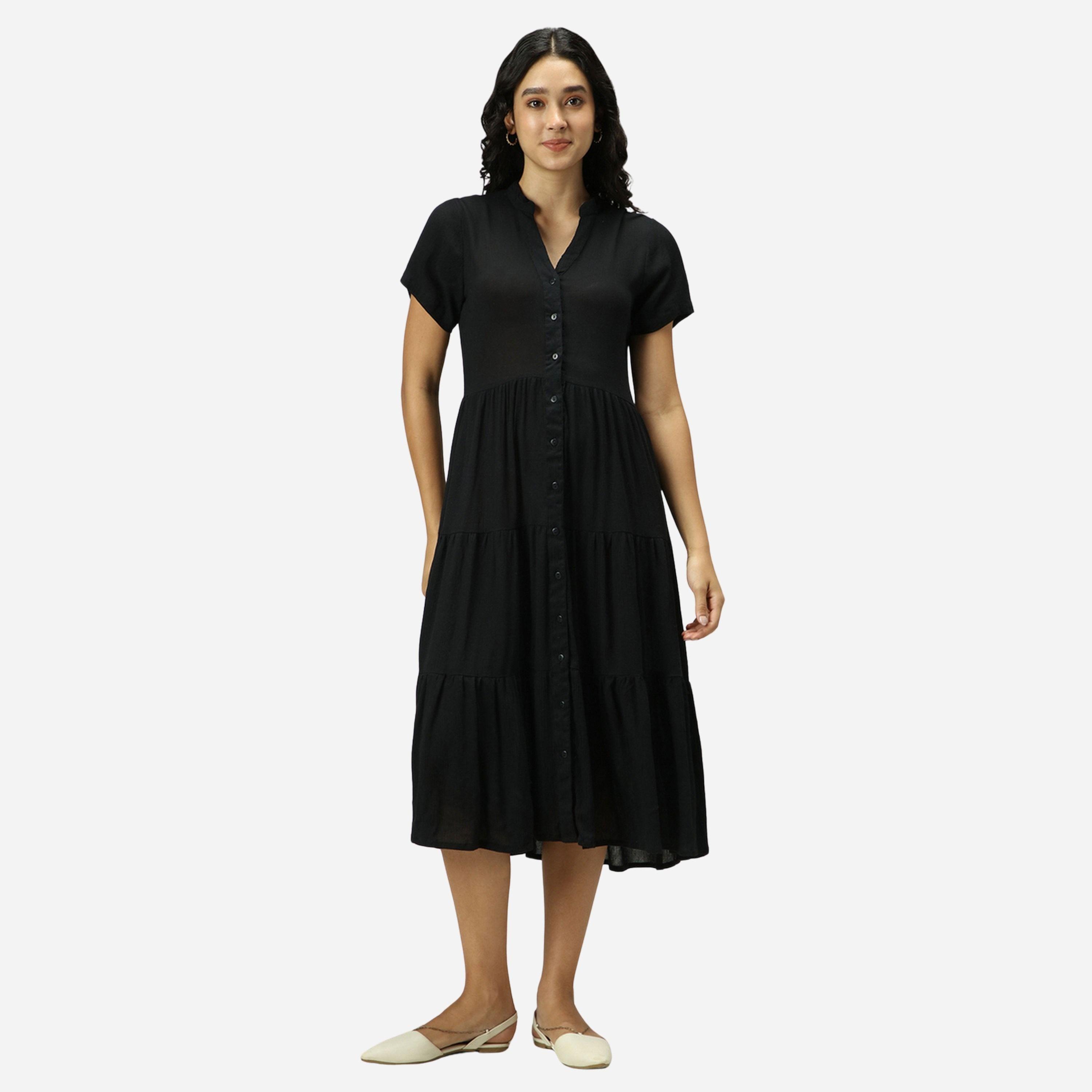 Outzidr X Styli Black Button Down Tiered Midi Dress-women-clothing-dresses-image-1