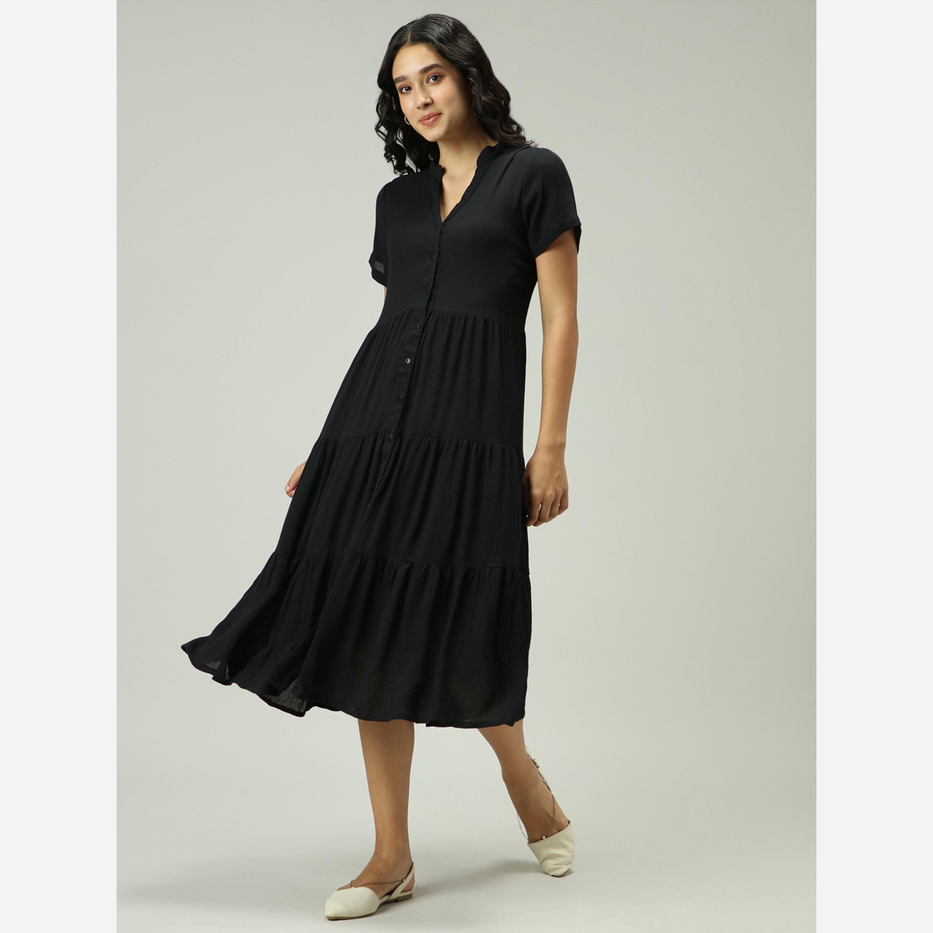 Outzidr X Styli Black Button Down Tiered Midi Dress-women-clothing-dresses-image-2