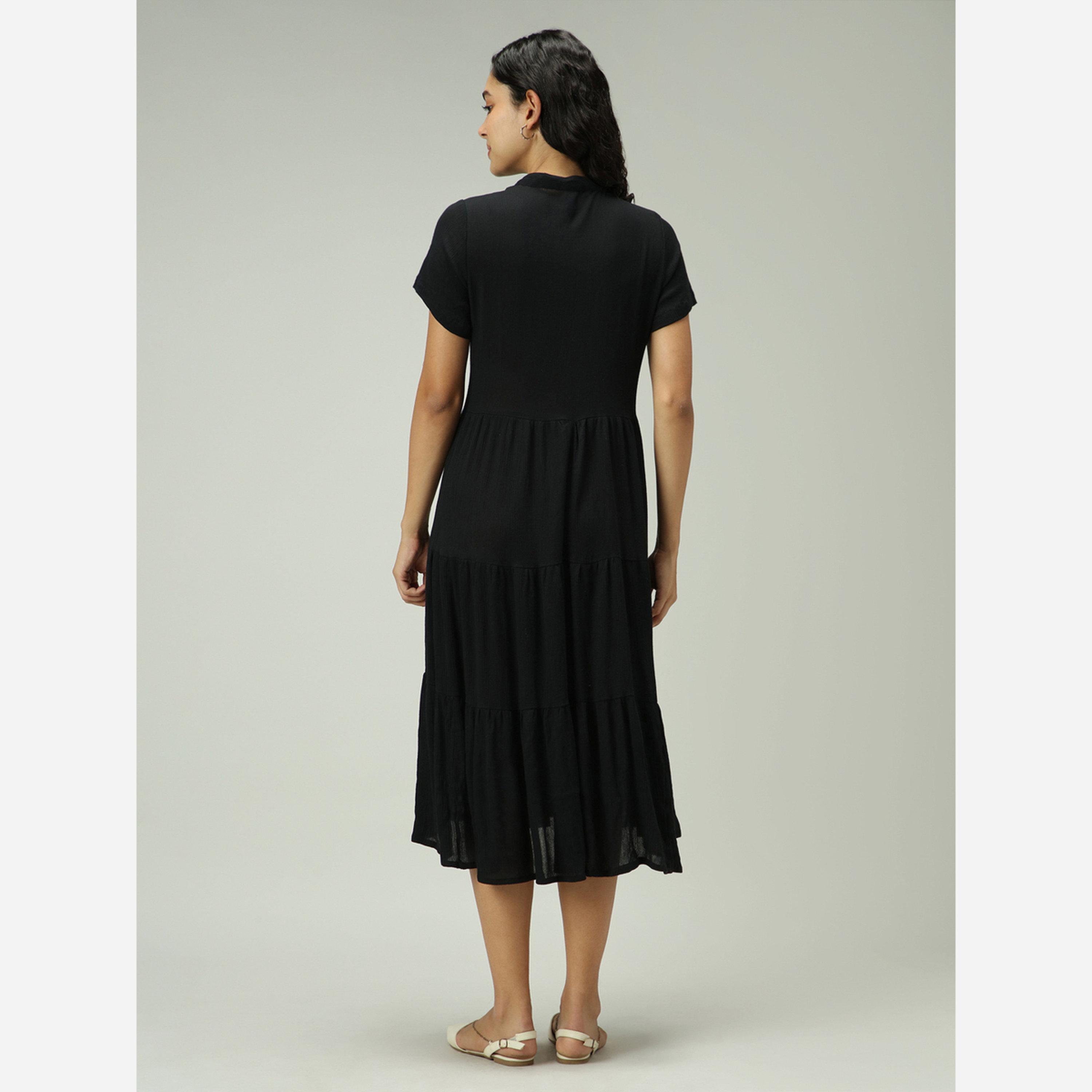 Outzidr X Styli Black Button Down Tiered Midi Dress-women-clothing-dresses-image-3