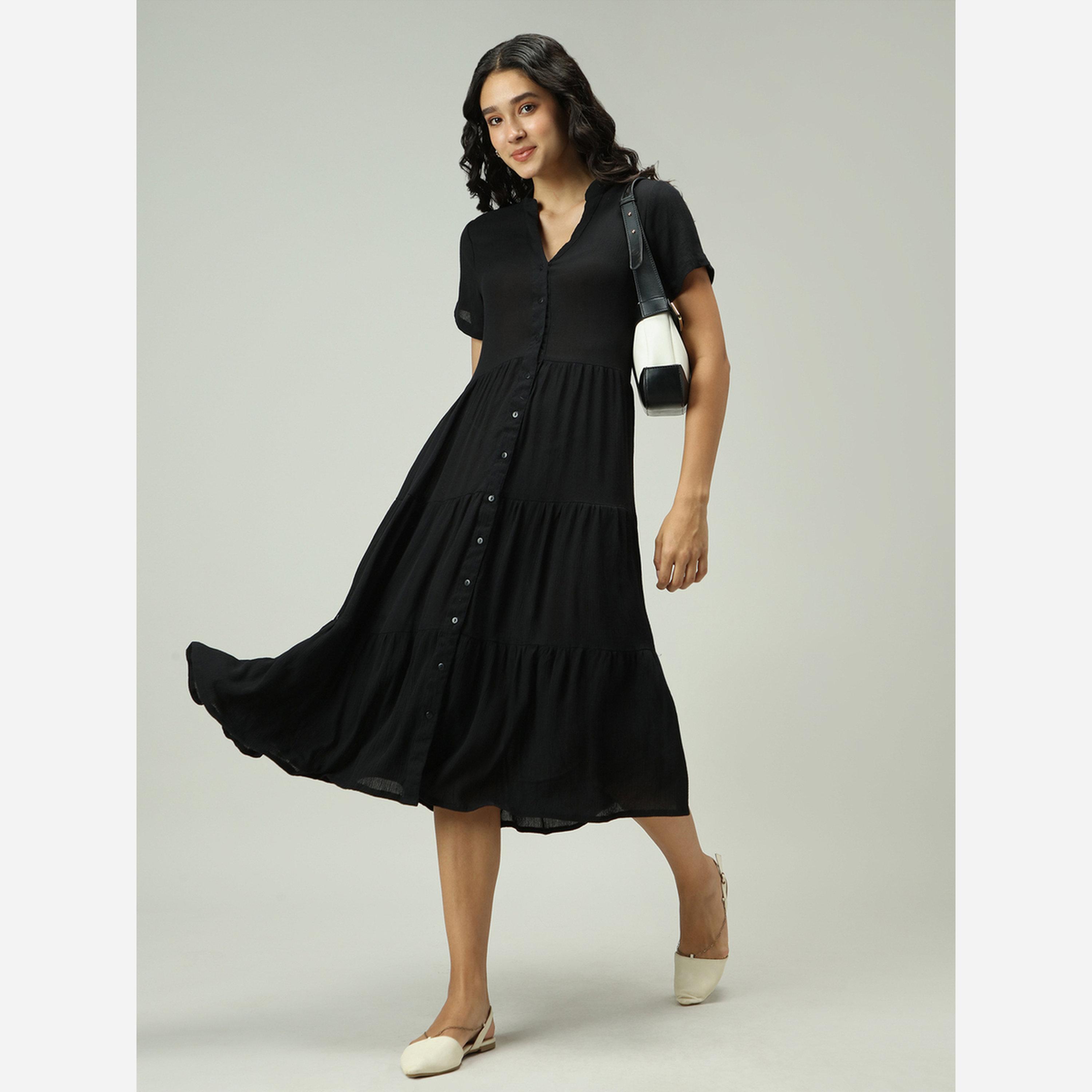Outzidr X Styli Black Button Down Tiered Midi Dress-women-clothing-dresses-image-4