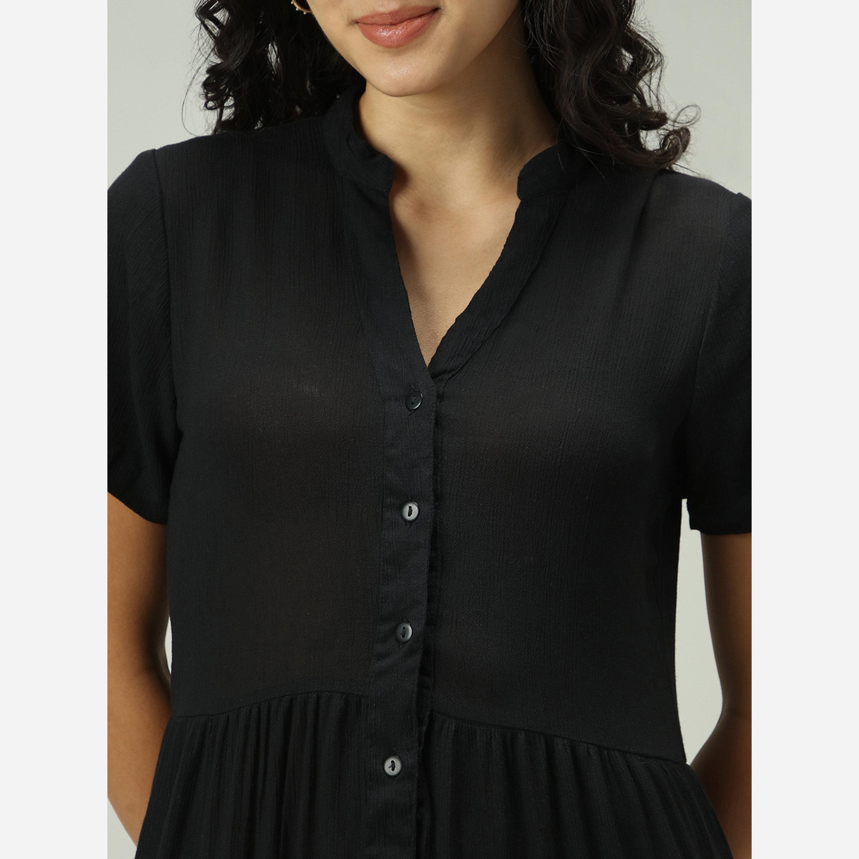 أوتزيدر × ستايلي - فستان متوسط الطول لون أسود بأزرار أمامية وطبقات-women-clothing-dresses-image-5
