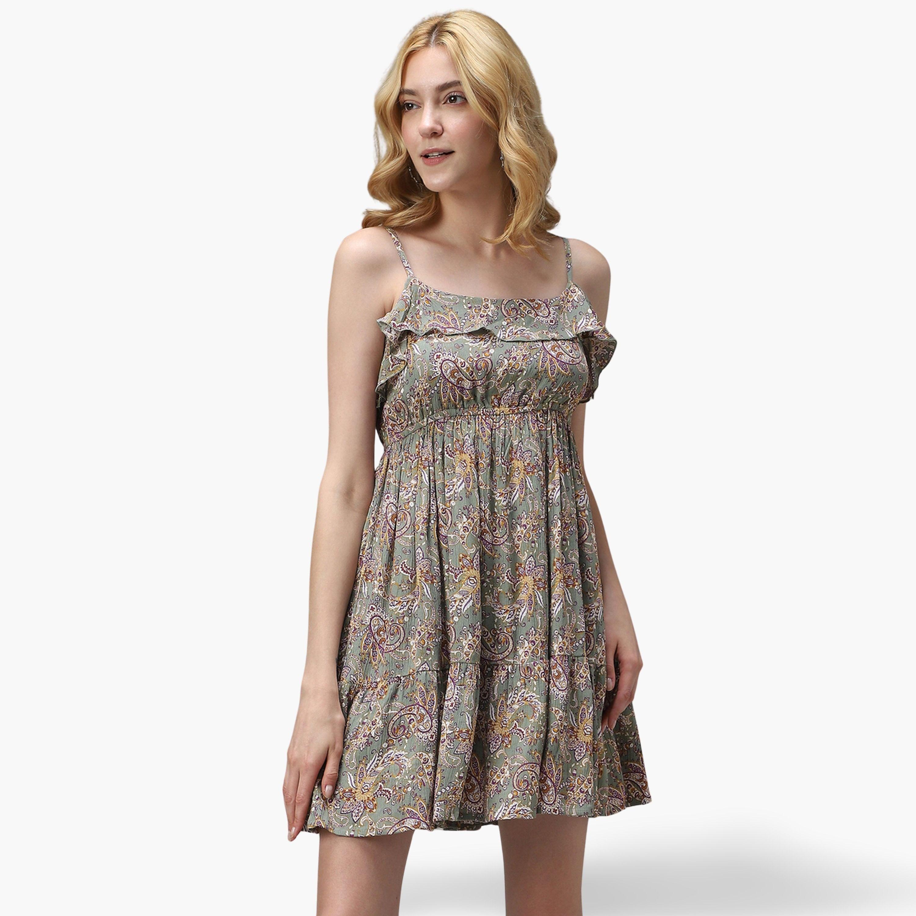 Outzidr X Styli Green Printed Strappy Women's A-line Mini Dress-women-clothing-dresses-image-1