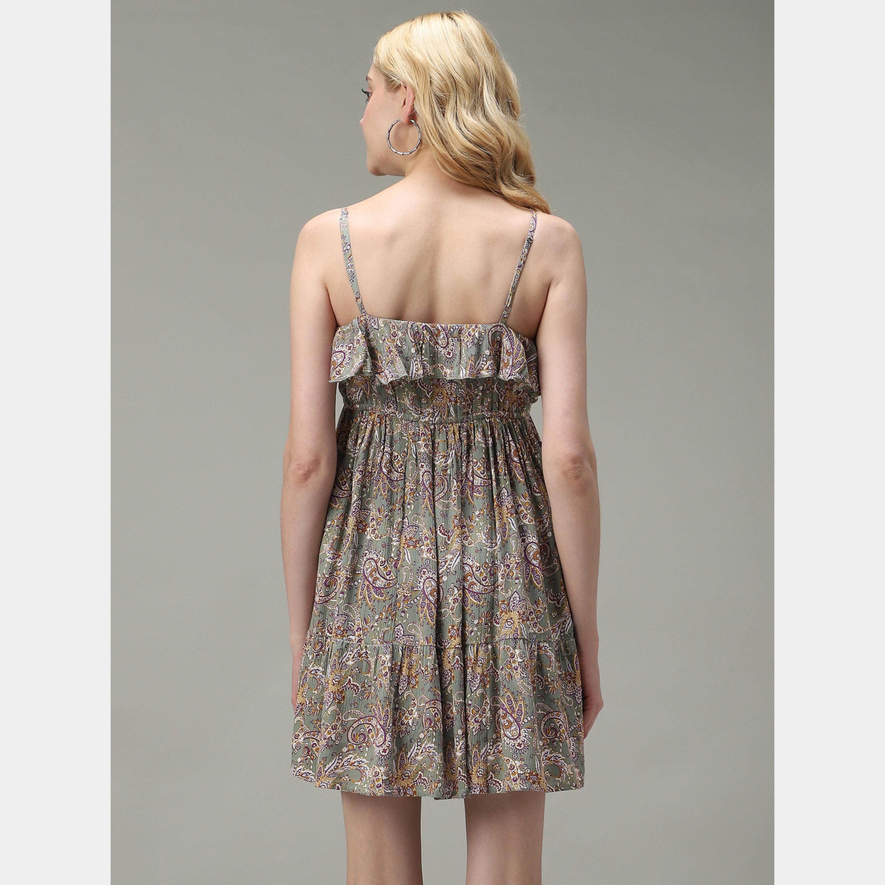 Outzidr X Styli Green Printed Strappy Women's A-line Mini Dress-women-clothing-dresses-image-3