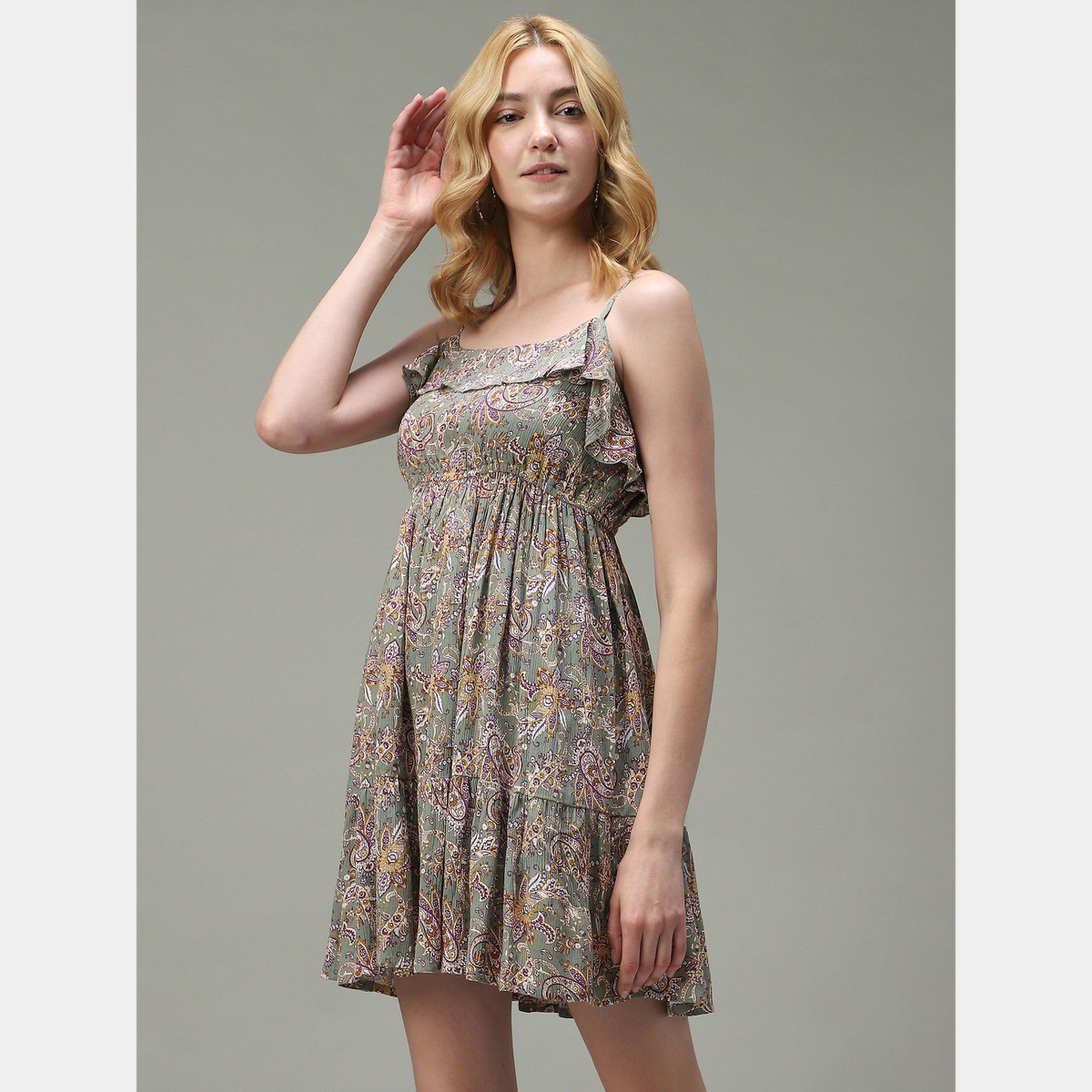 Outzidr X Styli Green Printed Strappy Women's A-line Mini Dress-women-clothing-dresses-image-4