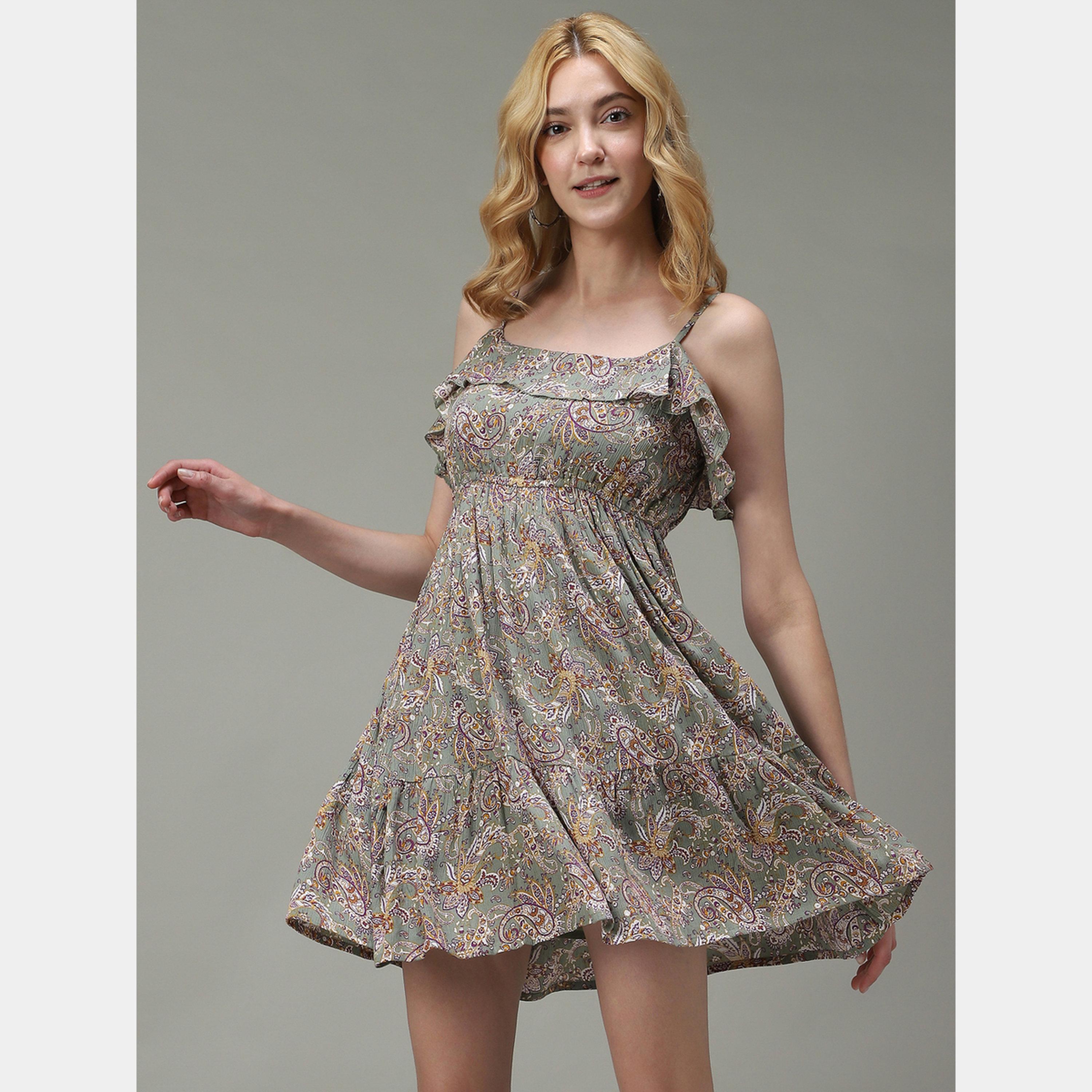 Outzidr X Styli Green Printed Strappy Women's A-line Mini Dress-women-clothing-dresses-image-6