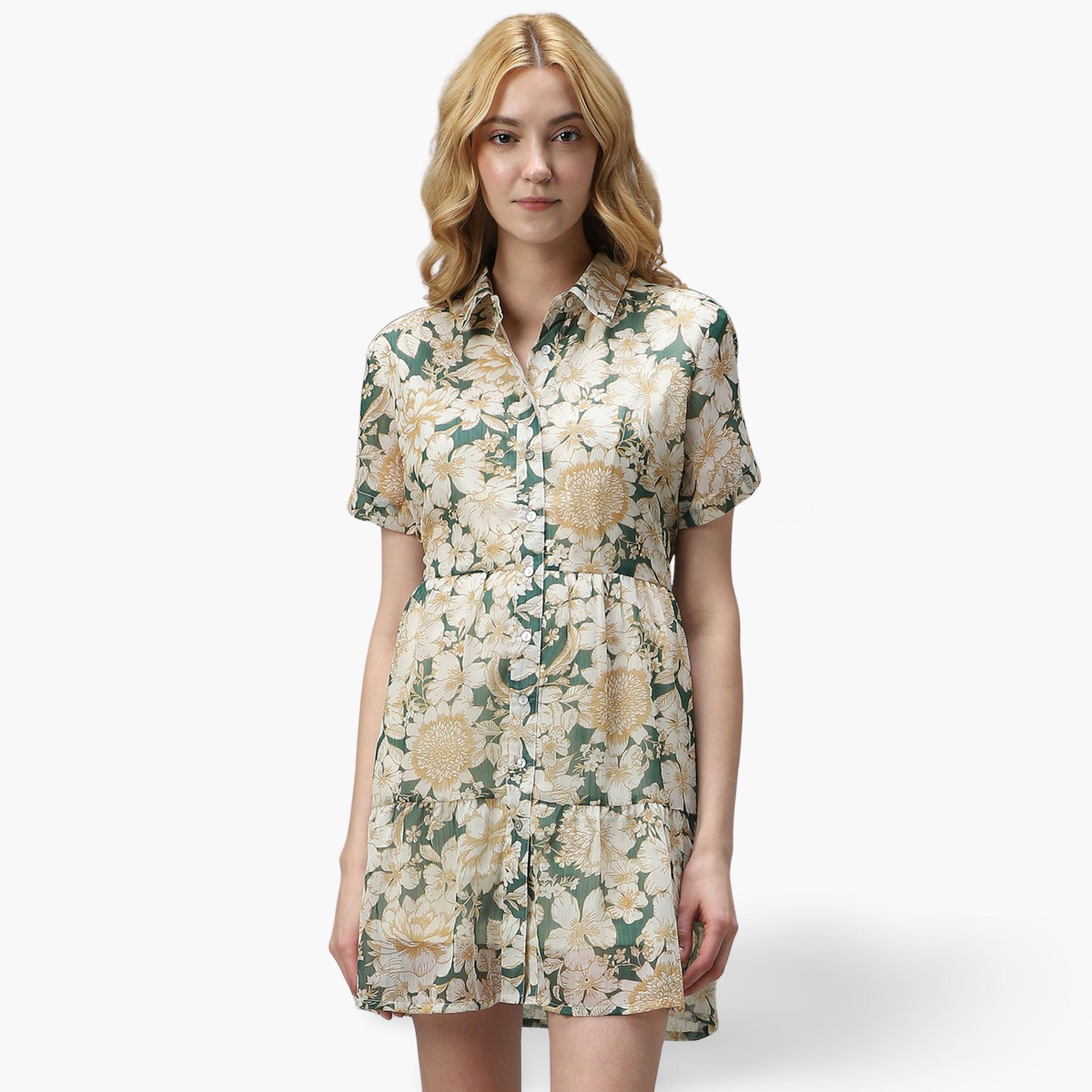 Outzidr X Styli Green Bold Floral Collared Short Sleeves Women's Mini Tiered Dress-women-clothing-dresses-image-1