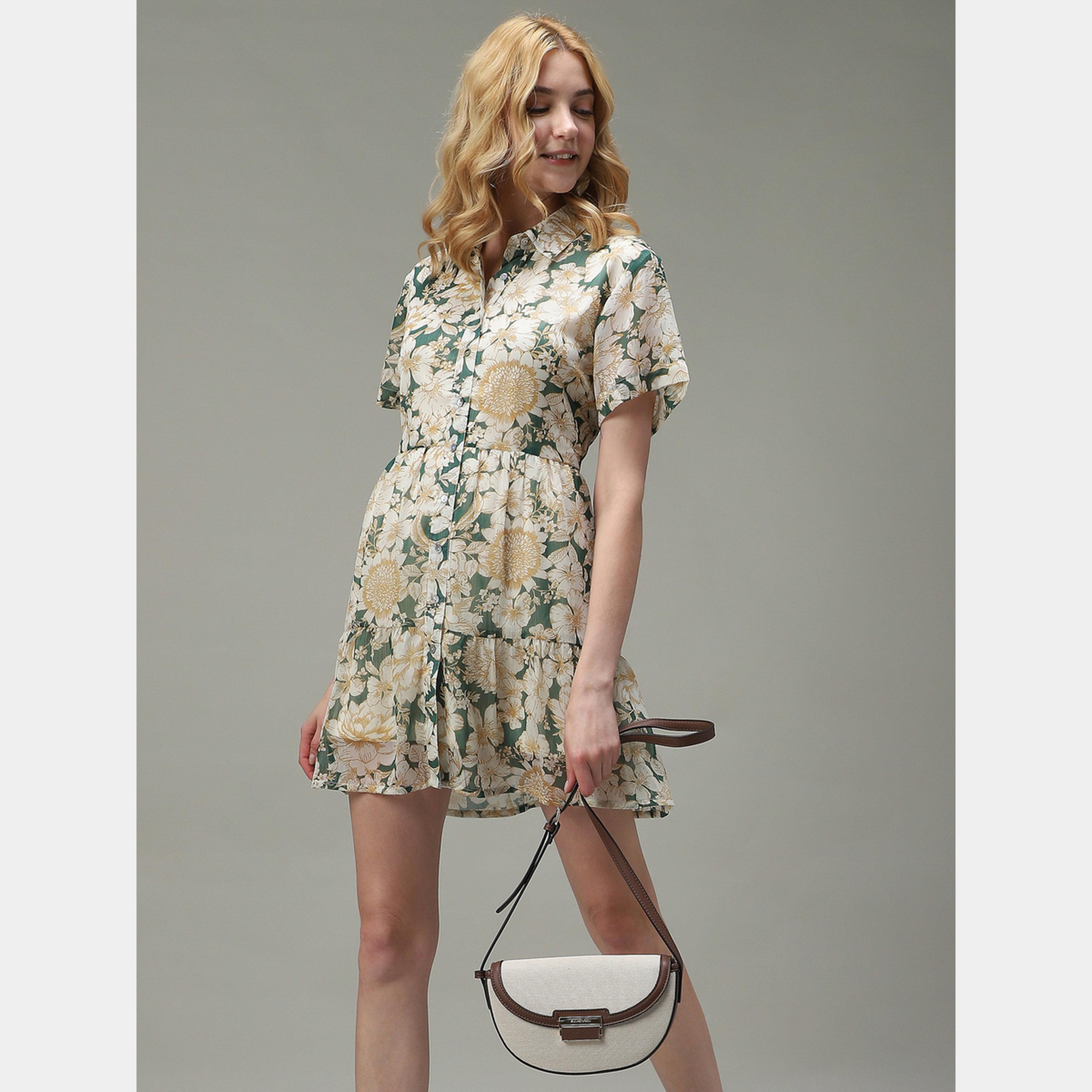 Outzidr X Styli Green Bold Floral Collared Short Sleeves Women's Mini Tiered Dress-women-clothing-dresses-image-6