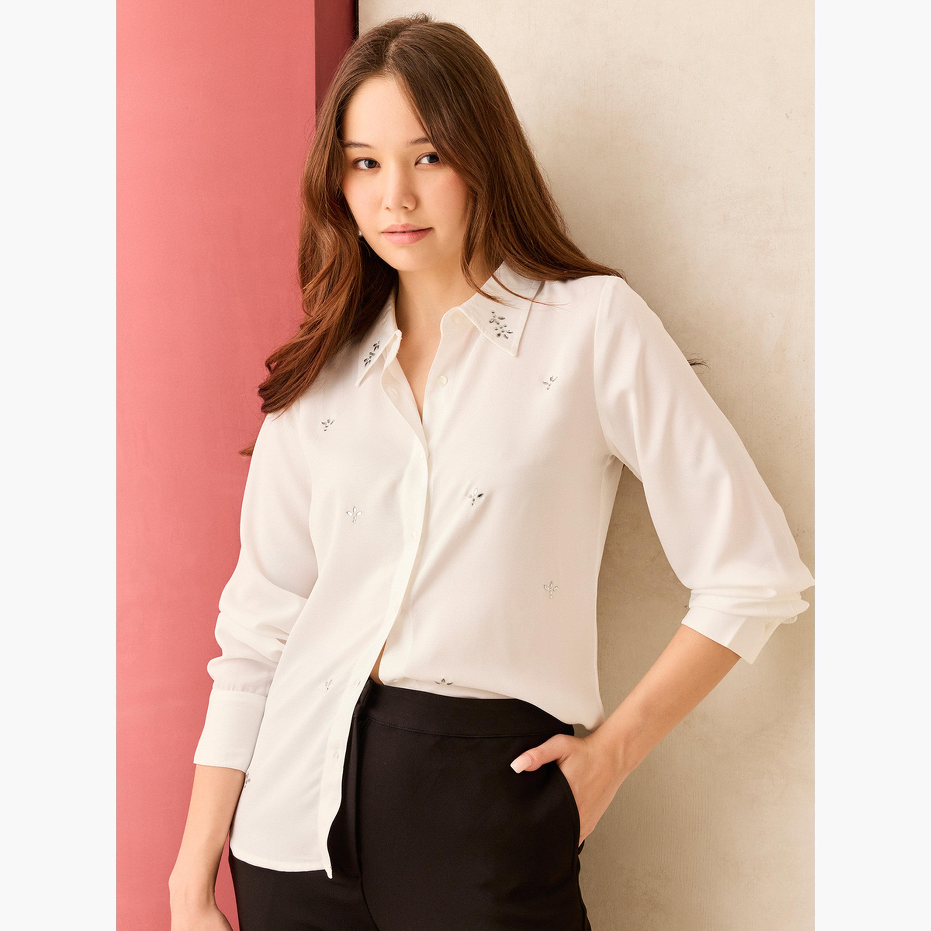 Outzidr X Styli White Solid Studded Regular Shirt-women-clothing-shirtsandblouses-shirts-image-1