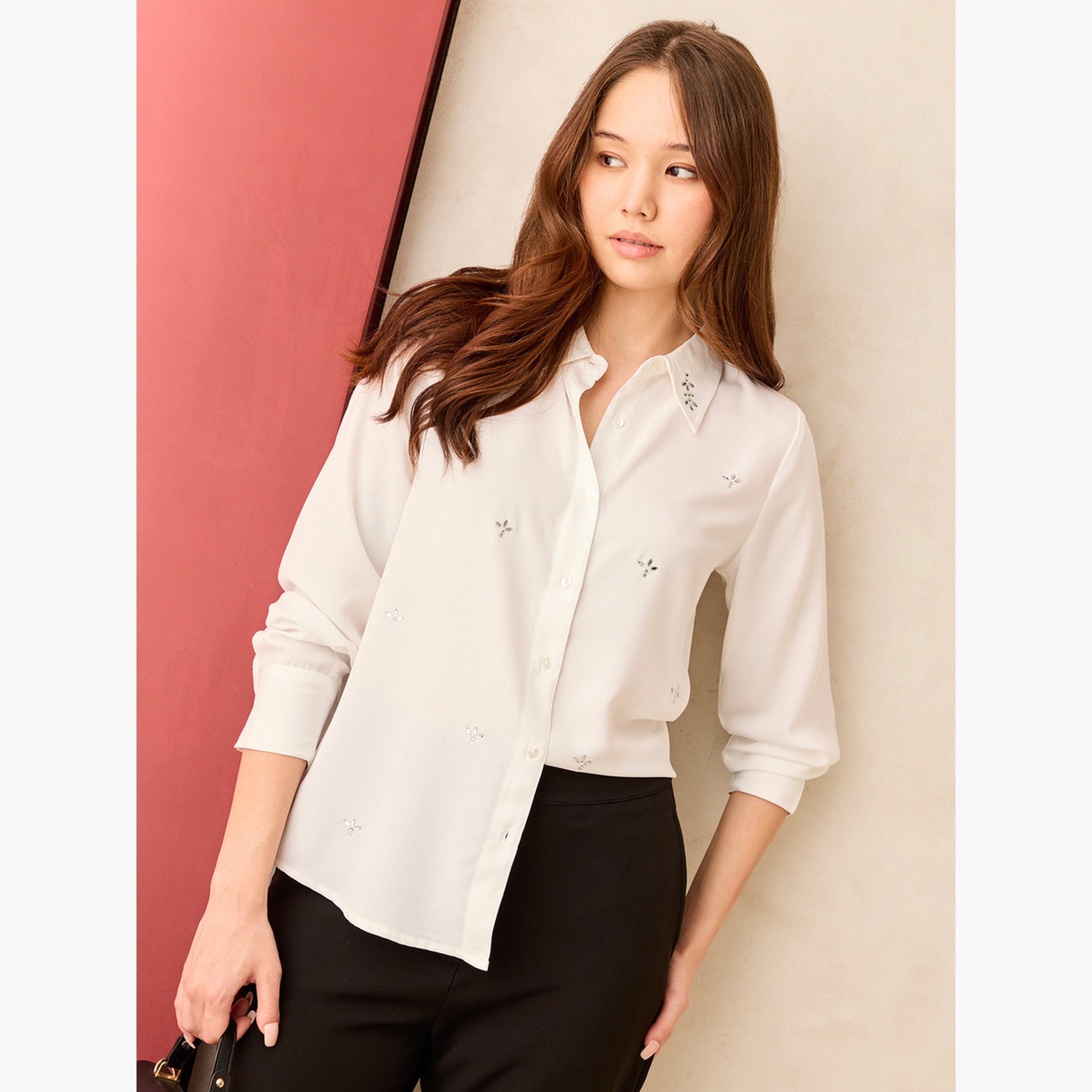Outzidr X Styli White Solid Studded Regular Shirt-women-clothing-shirtsandblouses-shirts-image-3