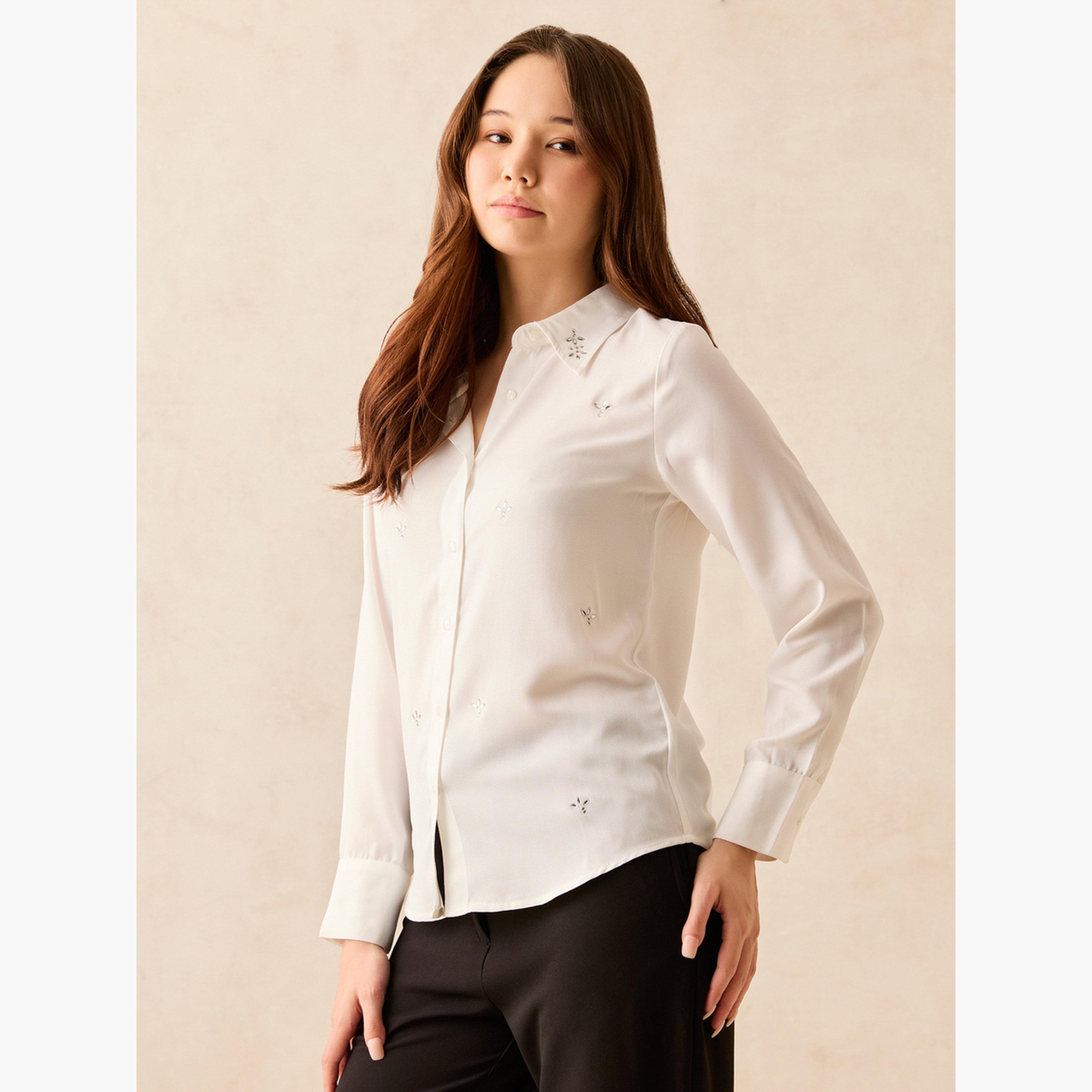Outzidr X Styli White Solid Studded Regular Shirt-women-clothing-shirtsandblouses-shirts-image-4