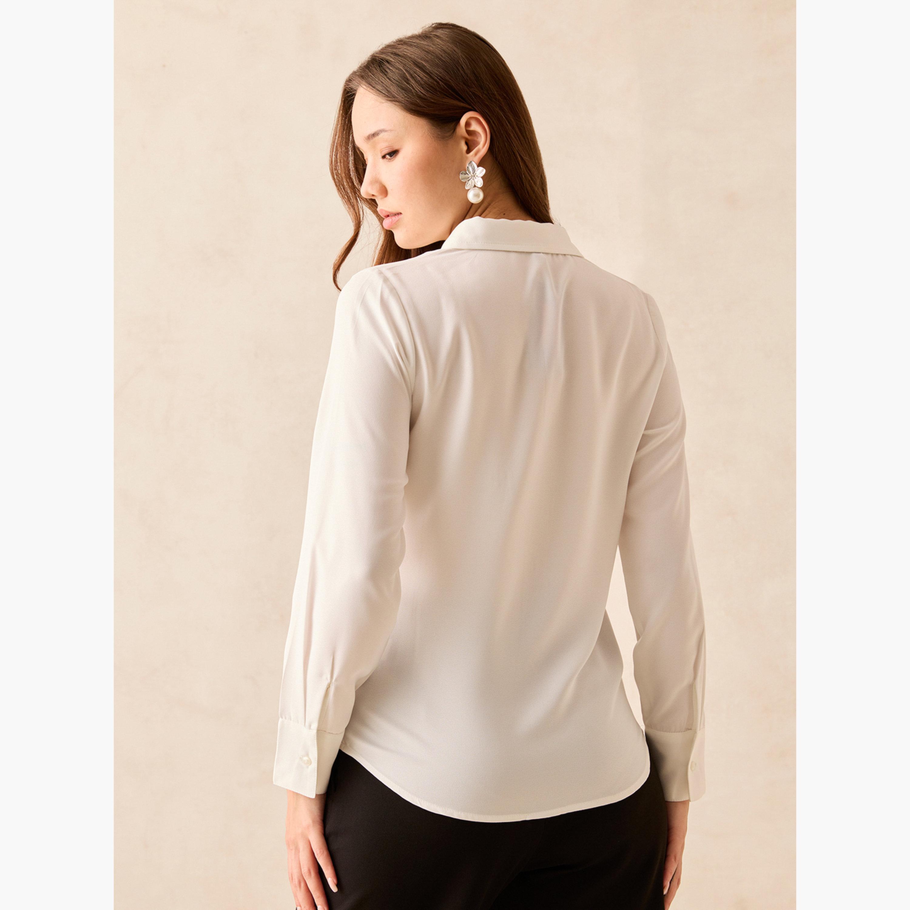Outzidr X Styli White Solid Studded Regular Shirt-women-clothing-shirtsandblouses-shirts-image-5