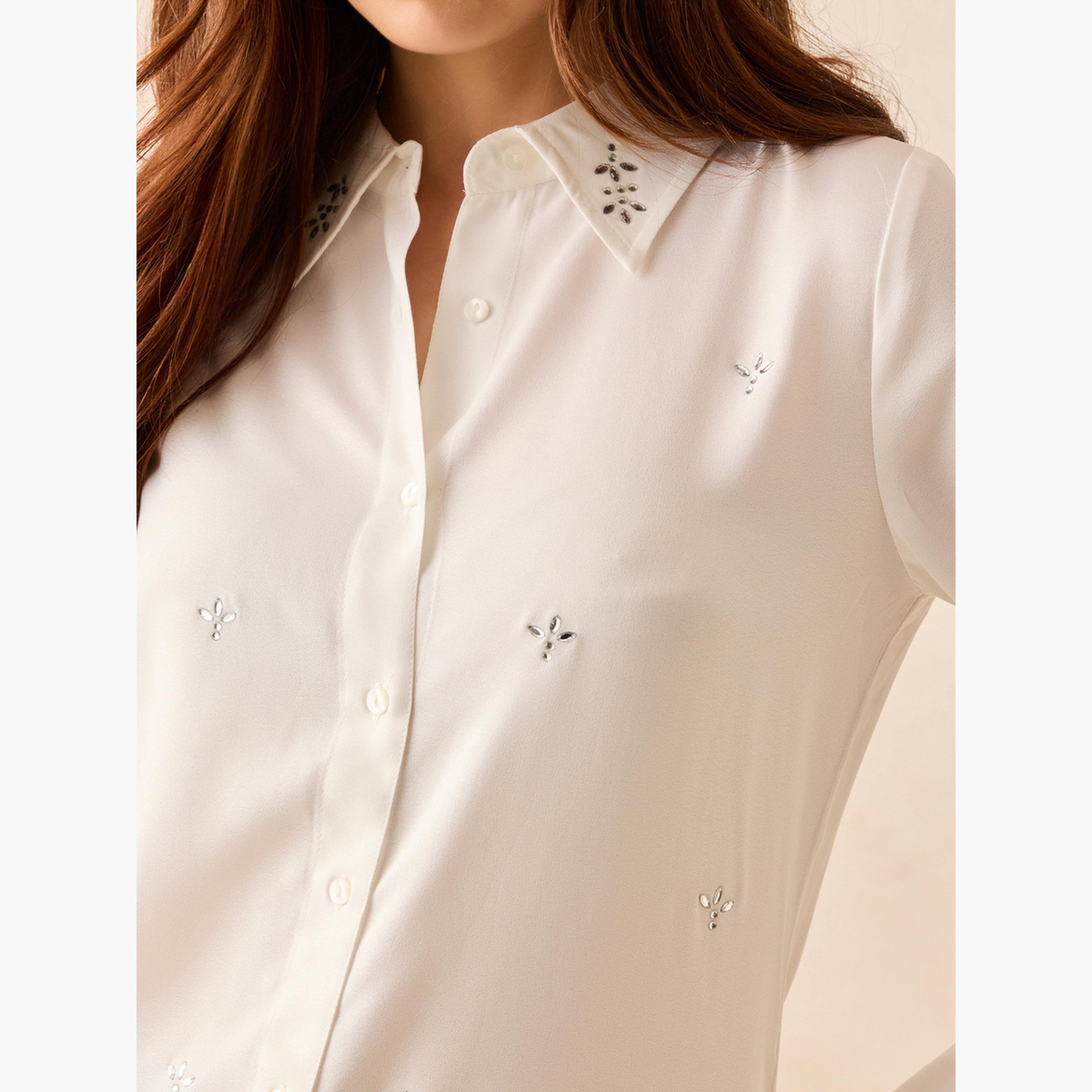 Outzidr X Styli White Solid Studded Regular Shirt-women-clothing-shirtsandblouses-shirts-image-6