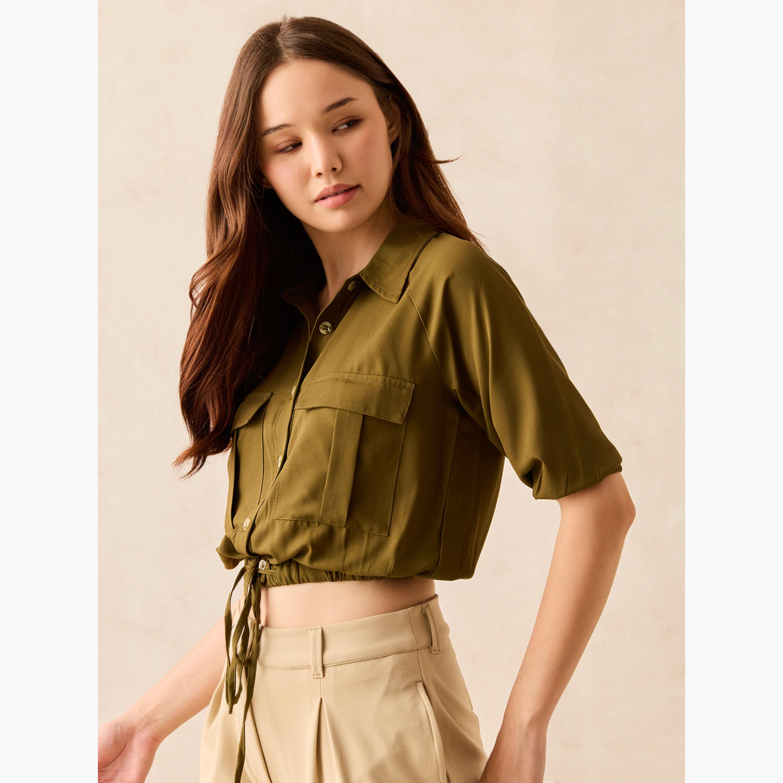أوتزيدر × ستايلي - توب قصير متعدد الاستخدامات مع رباط لون زيتوني-women-clothing-shirtsandblouses-blouses-image-1
