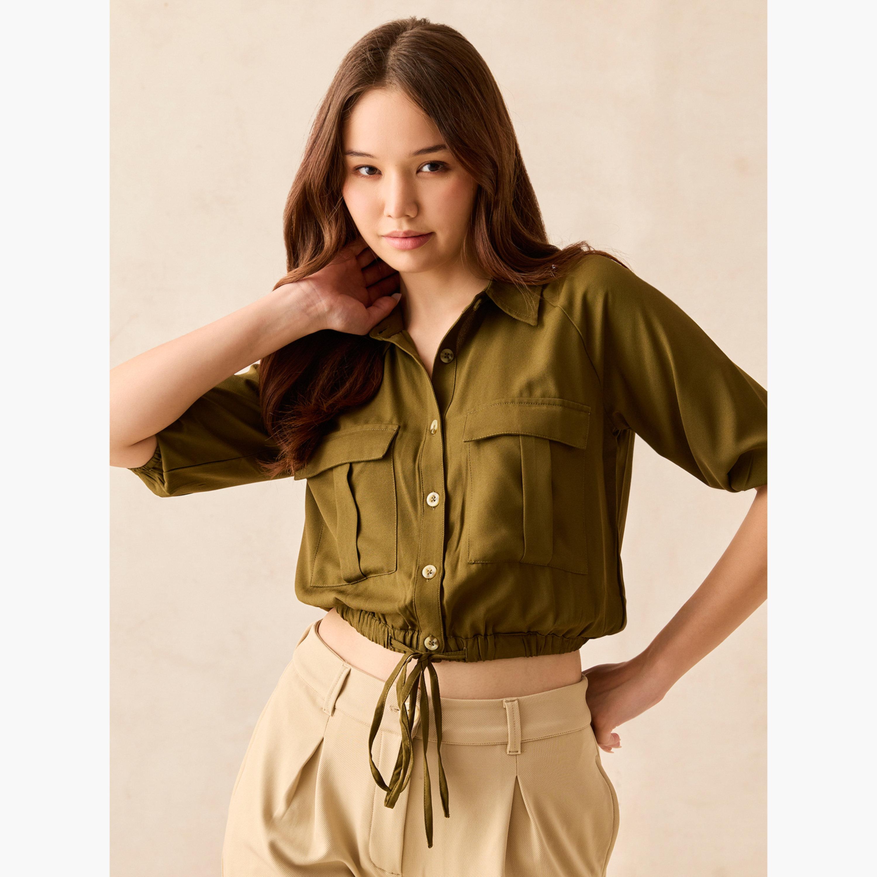 أوتزيدر × ستايلي - توب قصير متعدد الاستخدامات مع رباط لون زيتوني-women-clothing-shirtsandblouses-blouses-image-3