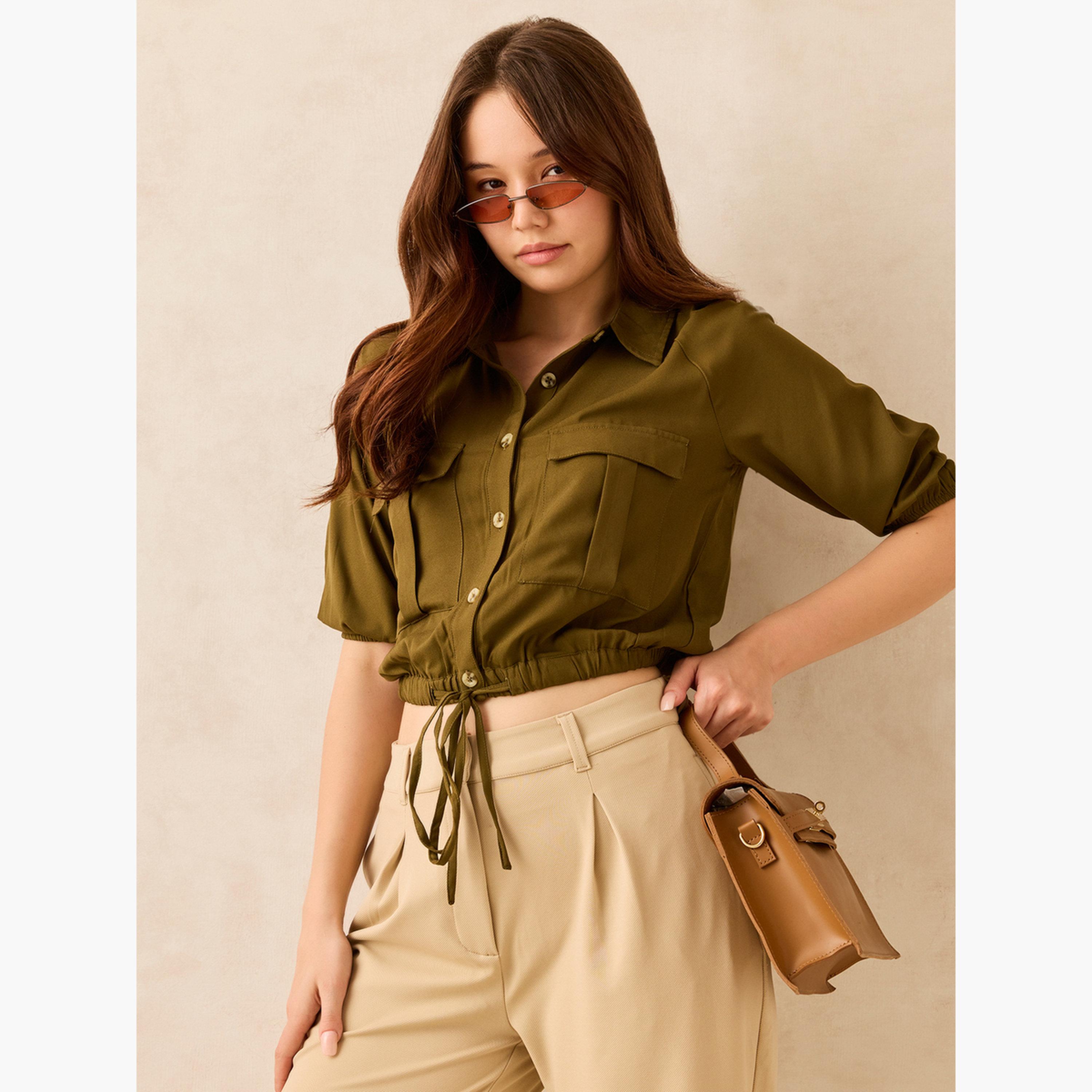 أوتزيدر × ستايلي - توب قصير متعدد الاستخدامات مع رباط لون زيتوني-women-clothing-shirtsandblouses-blouses-image-4