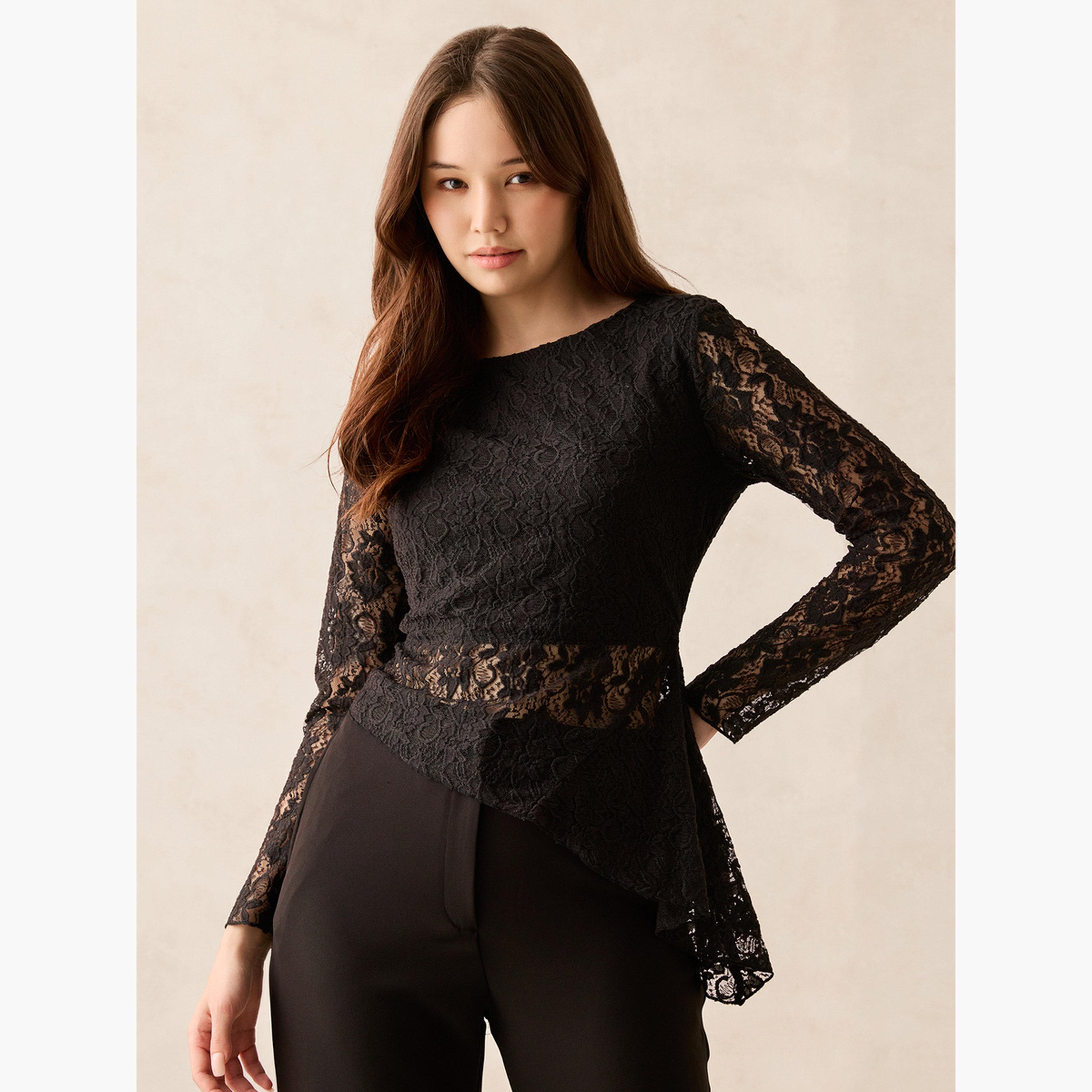 أوتزيدر × ستايلي - بلوزة دانتيل سوداء بأكمام طويلة-women-clothing-shirtsandblouses-blouses-image-1