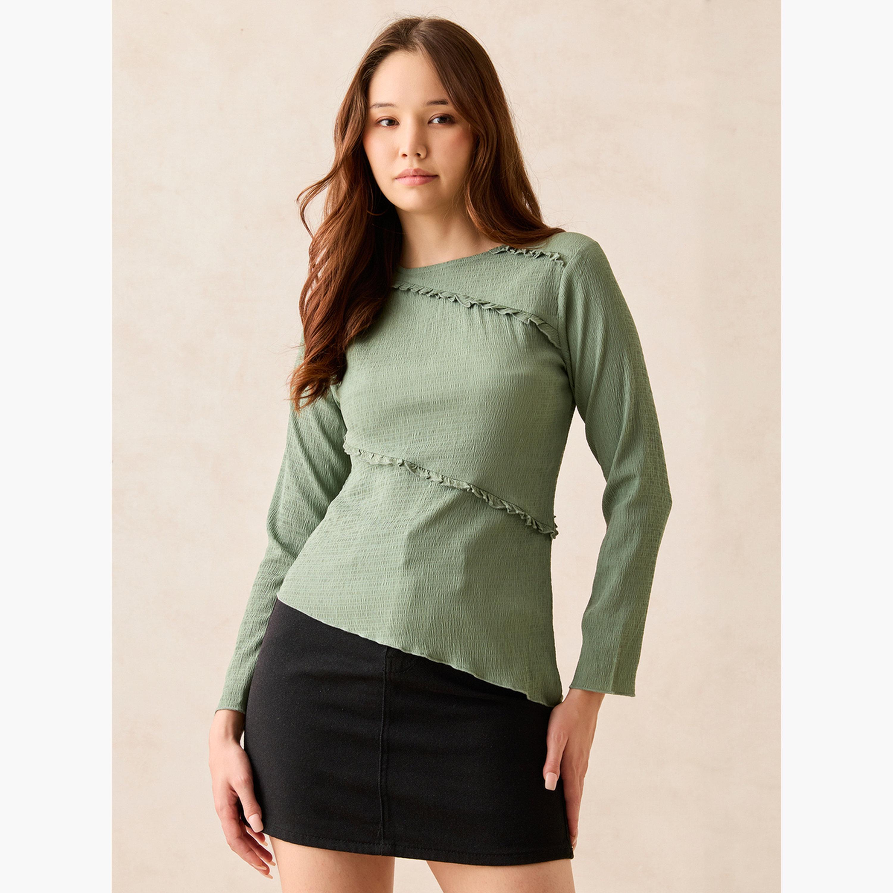 Outzidr X Styli Green Textured Asymmetric Hem Knit Top-women-clothing-shirtsandblouses-blouses-image-1