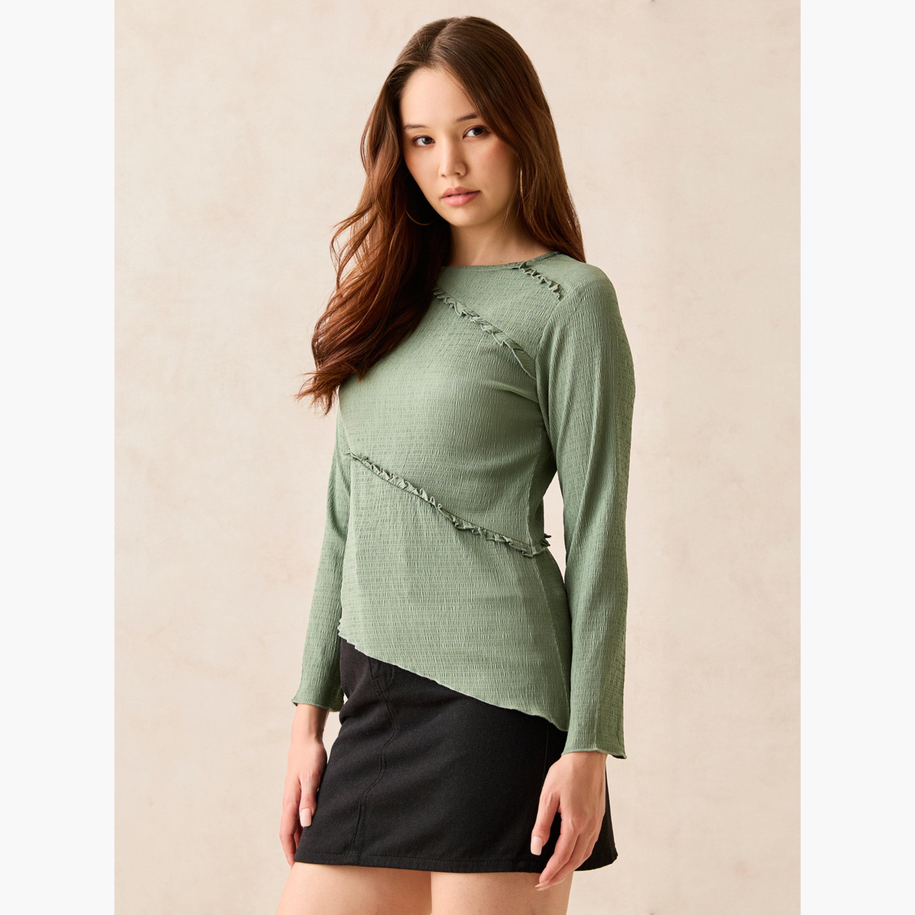 أوتزيدر × ستايلي - بلوزة محبوكة خضراء ذات حاشية غير متماثلة-women-clothing-shirtsandblouses-blouses-image-2