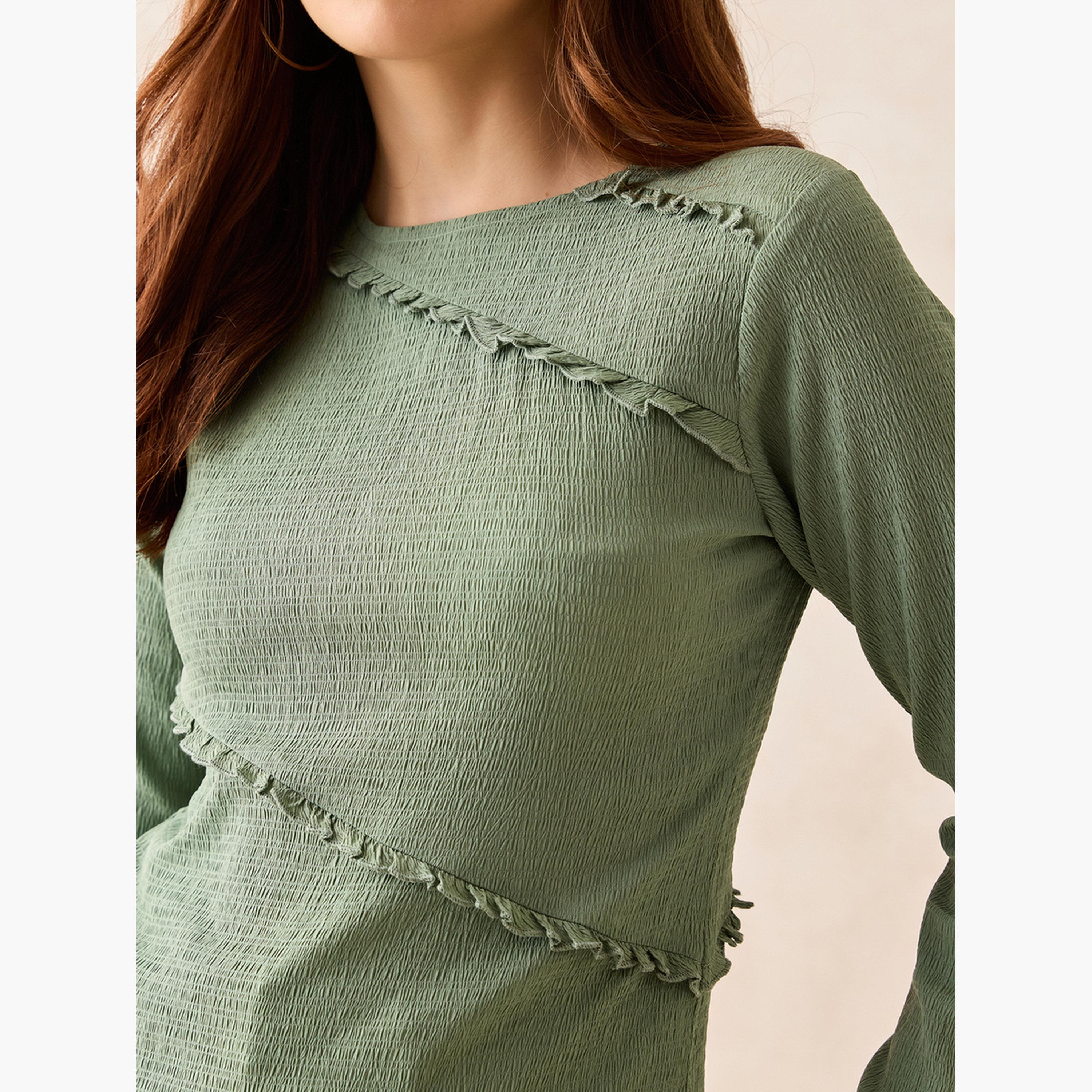 أوتزيدر × ستايلي - بلوزة محبوكة خضراء ذات حاشية غير متماثلة-women-clothing-shirtsandblouses-blouses-image-3