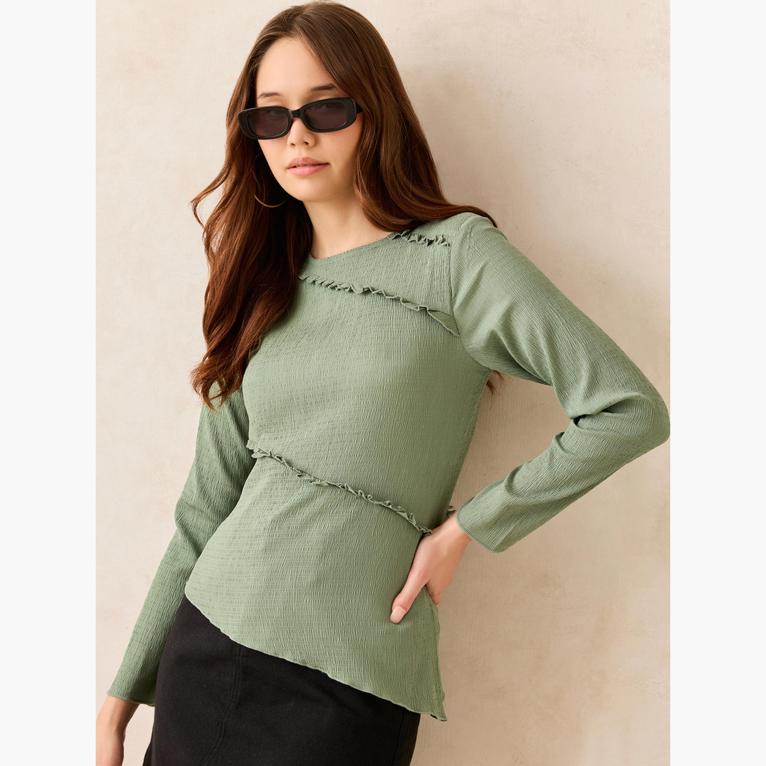 أوتزيدر × ستايلي - بلوزة محبوكة خضراء ذات حاشية غير متماثلة-women-clothing-shirtsandblouses-blouses-image-4
