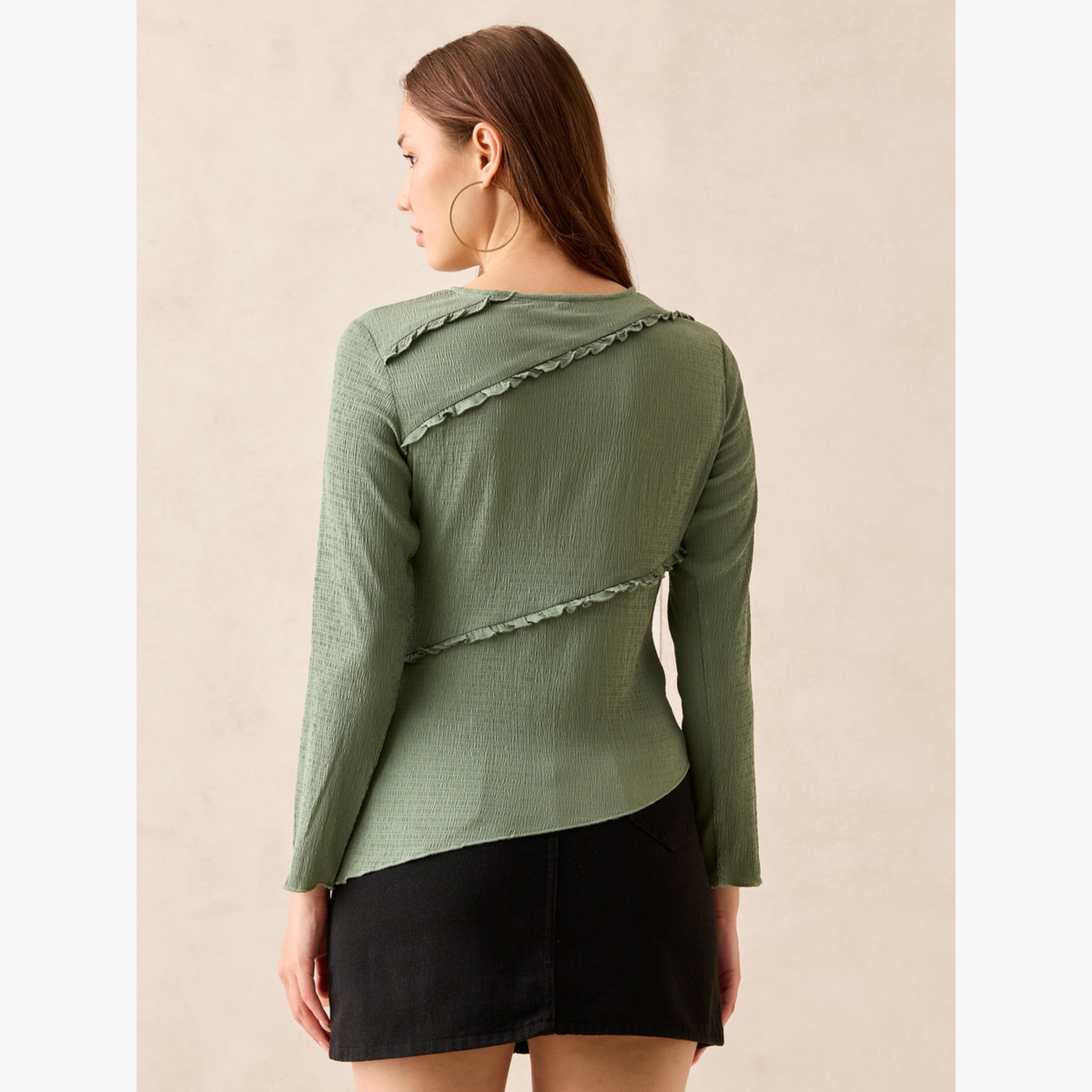 أوتزيدر × ستايلي - بلوزة محبوكة خضراء ذات حاشية غير متماثلة-women-clothing-shirtsandblouses-blouses-image-6