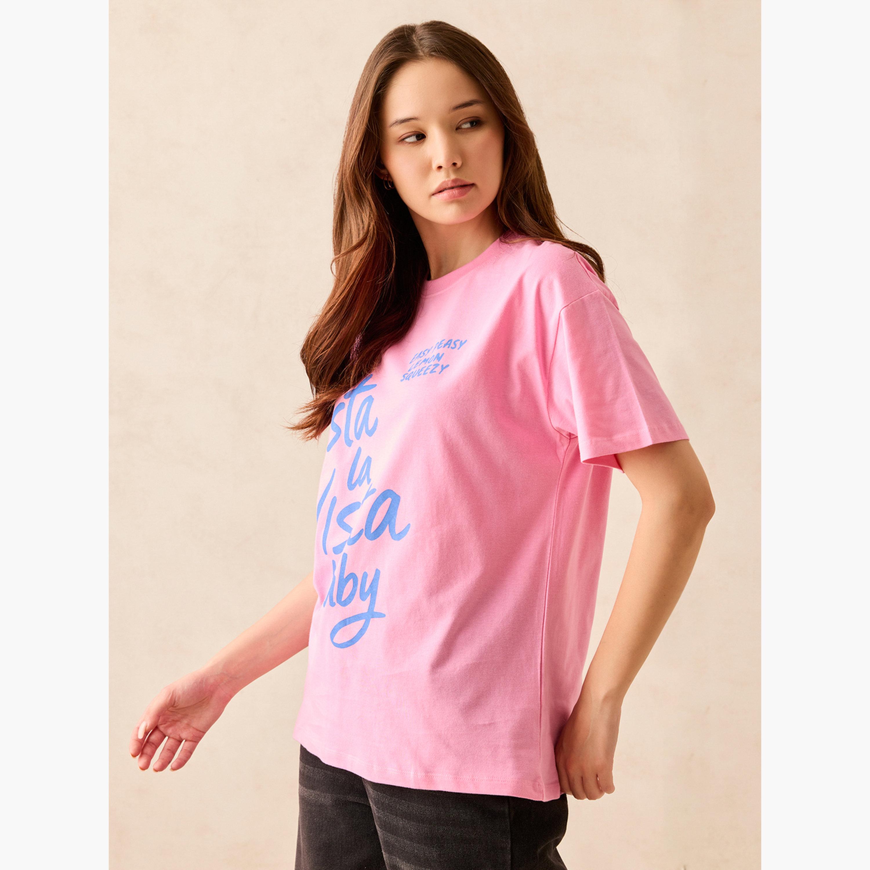 Outzidr X Styli Pink Crew Neck Graphic T-Shirt-women-clothing-tshirts-image-3