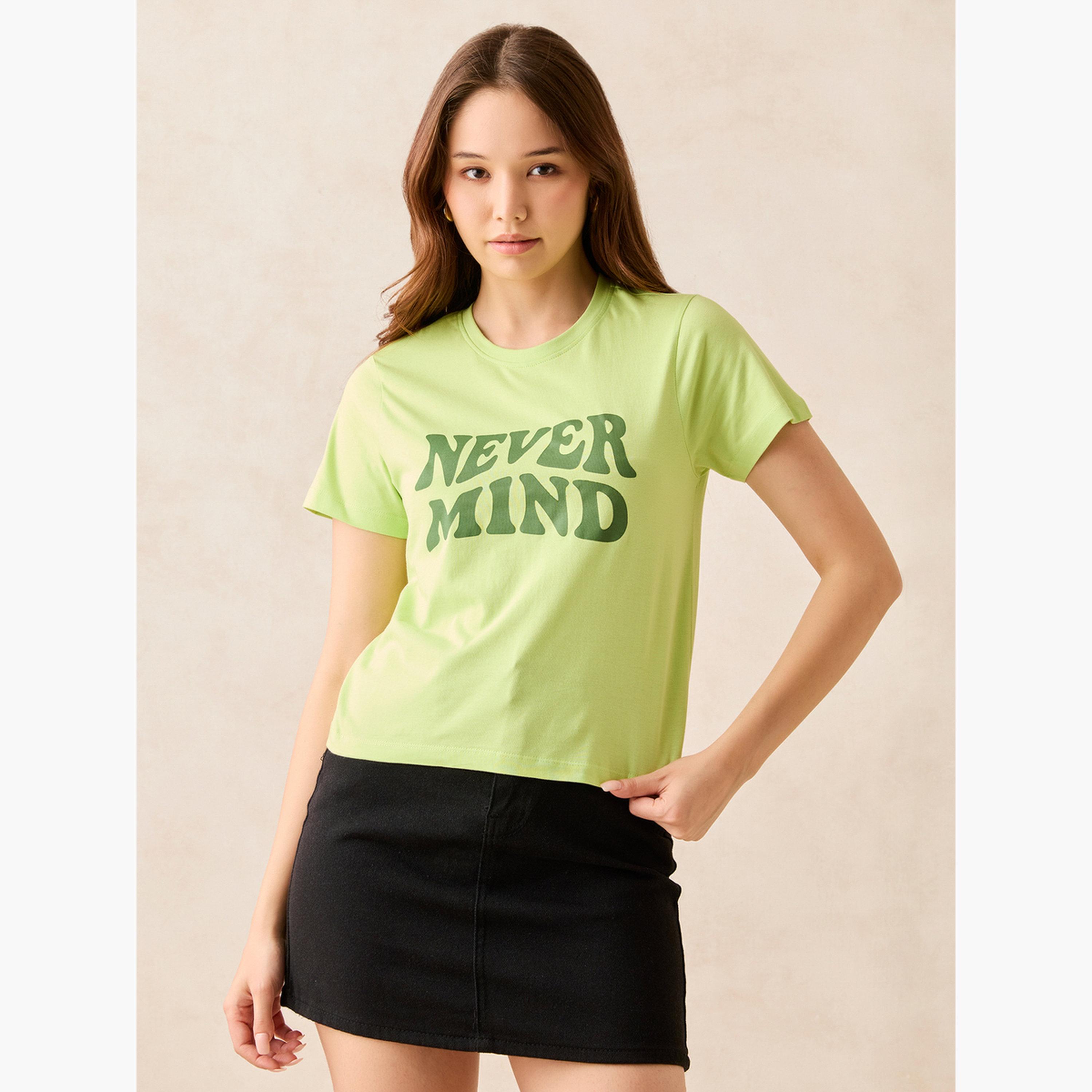 Outzidr X Styli Green Crew Neck Slogan T-Shirt-women-clothing-tshirts-image-1