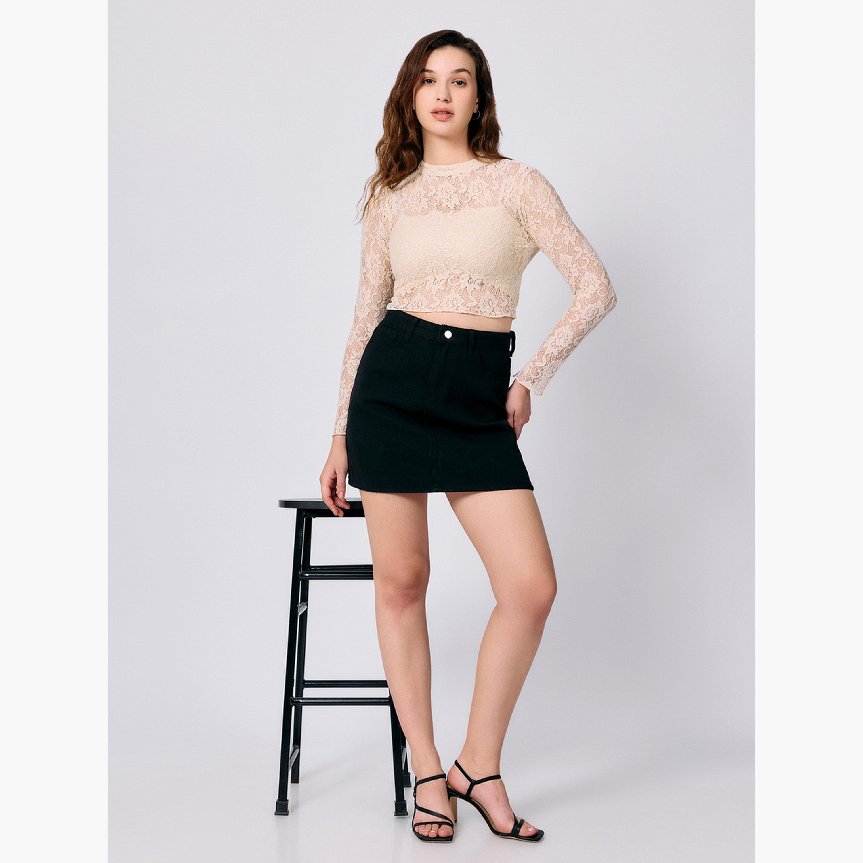 Outzidr X Styli Beige Fitted Lace Crop Top-women-clothing-shirtsandblouses-blouses-image-2
