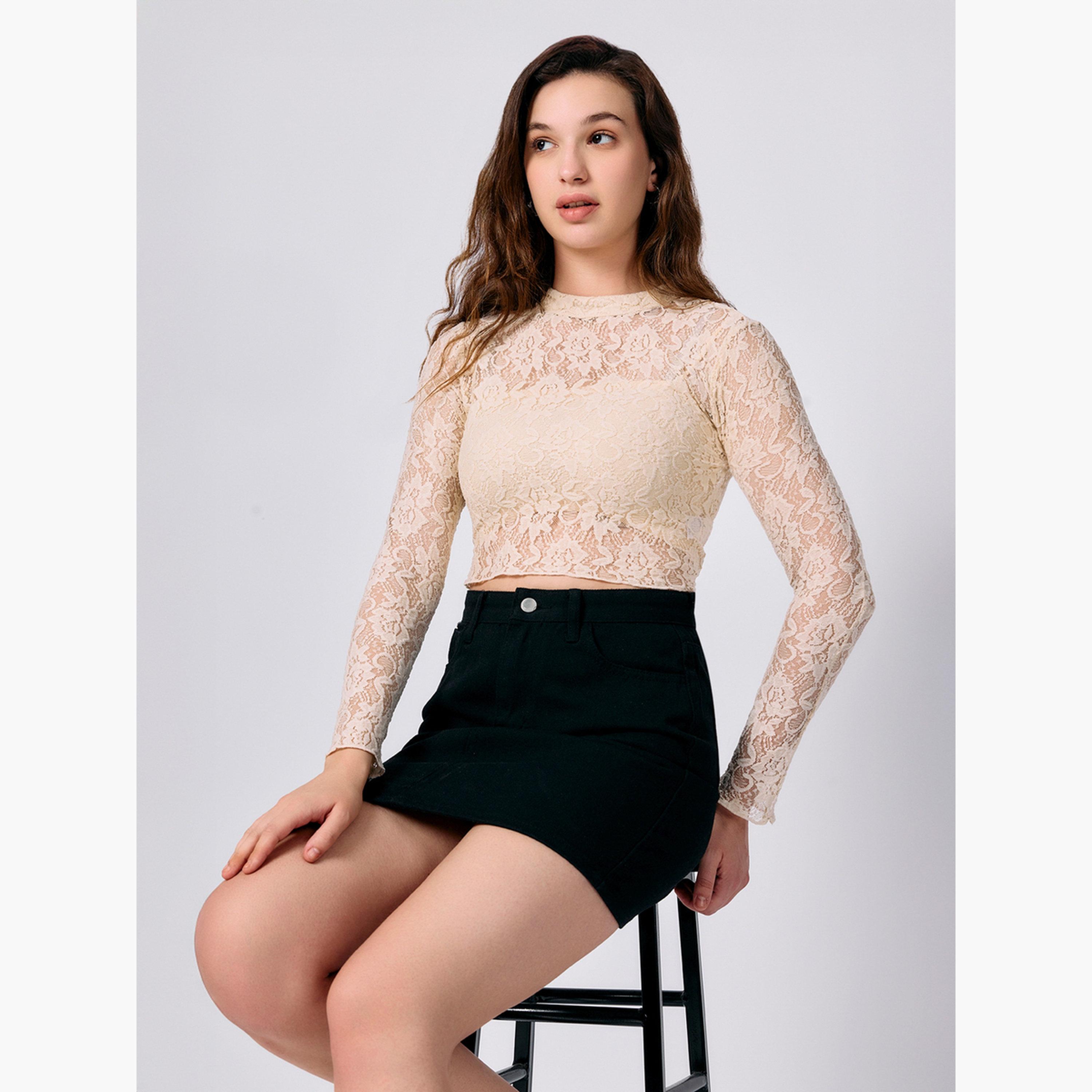 أوتزيدر × ستايلي - بلوزة قصيرة من الدانتيل لون بيج-women-clothing-shirtsandblouses-blouses-image-3