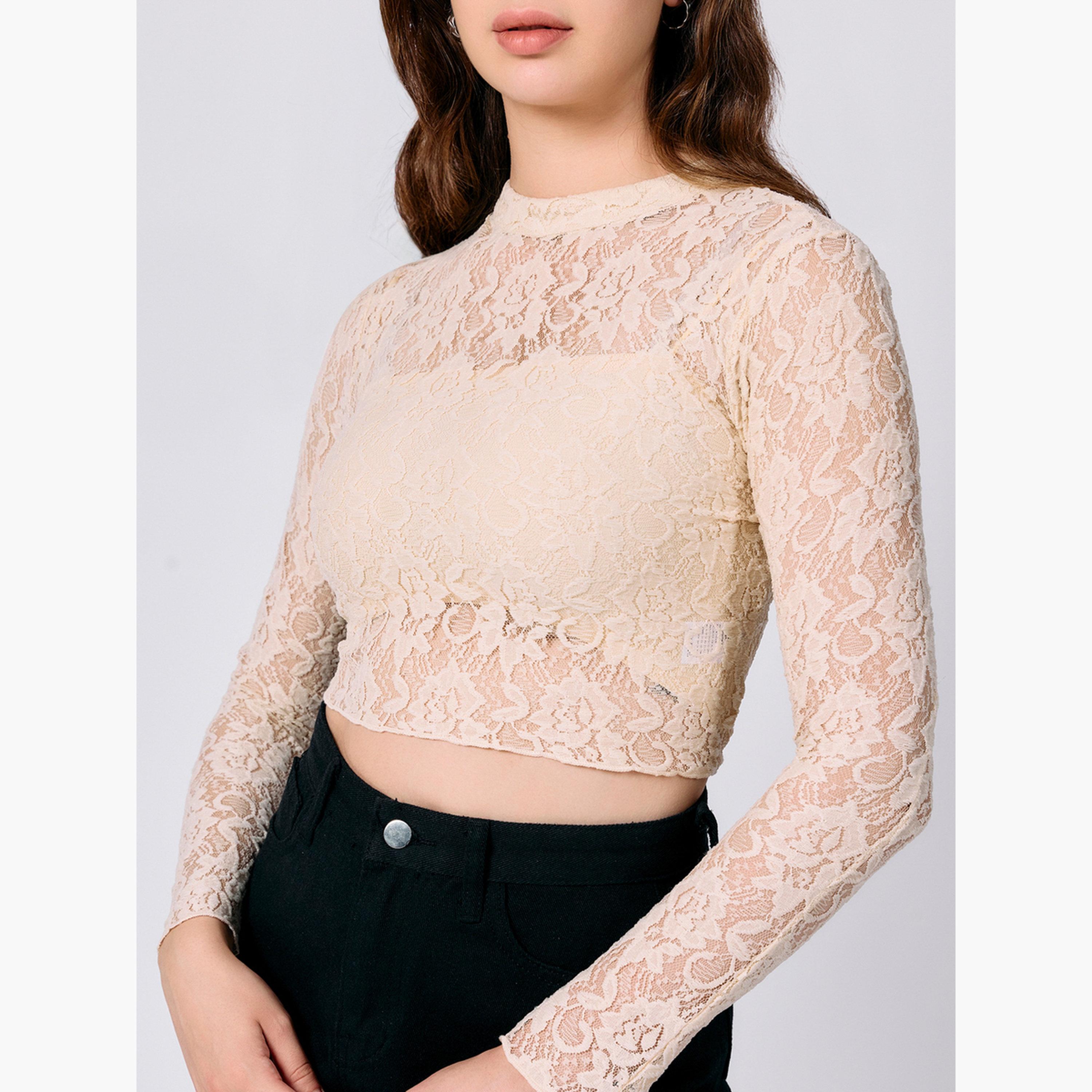 Outzidr X Styli Beige Fitted Lace Crop Top-women-clothing-shirtsandblouses-blouses-image-4