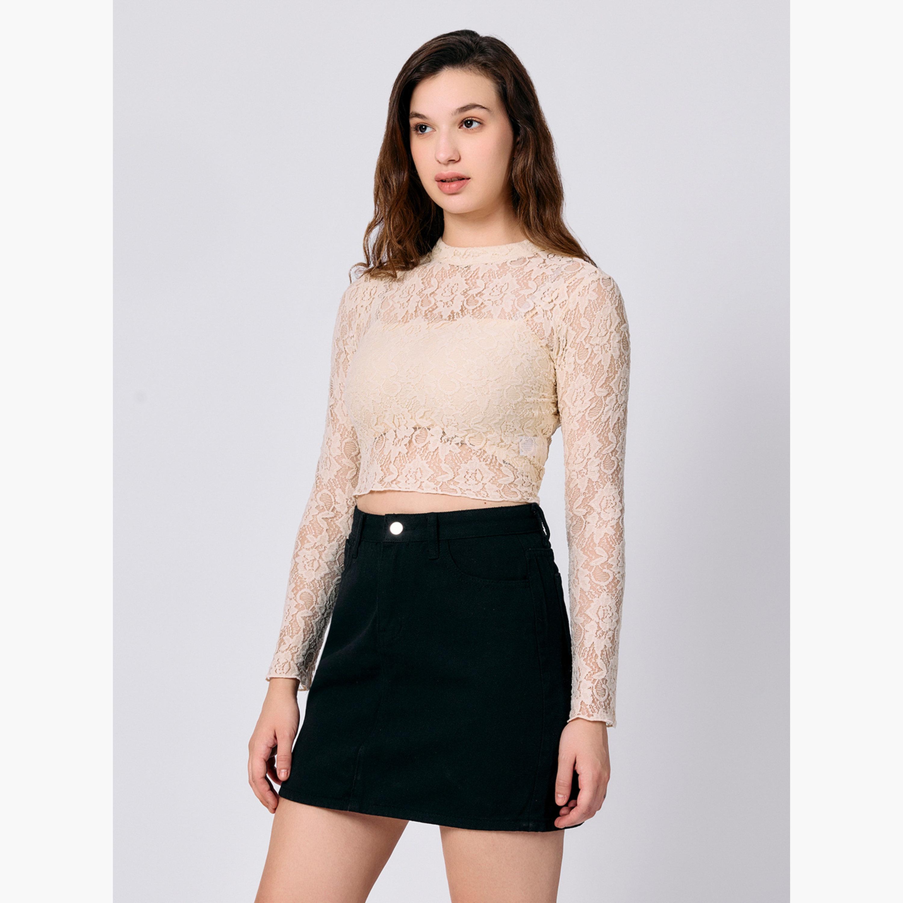 أوتزيدر × ستايلي - بلوزة قصيرة من الدانتيل لون بيج-women-clothing-shirtsandblouses-blouses-image-5