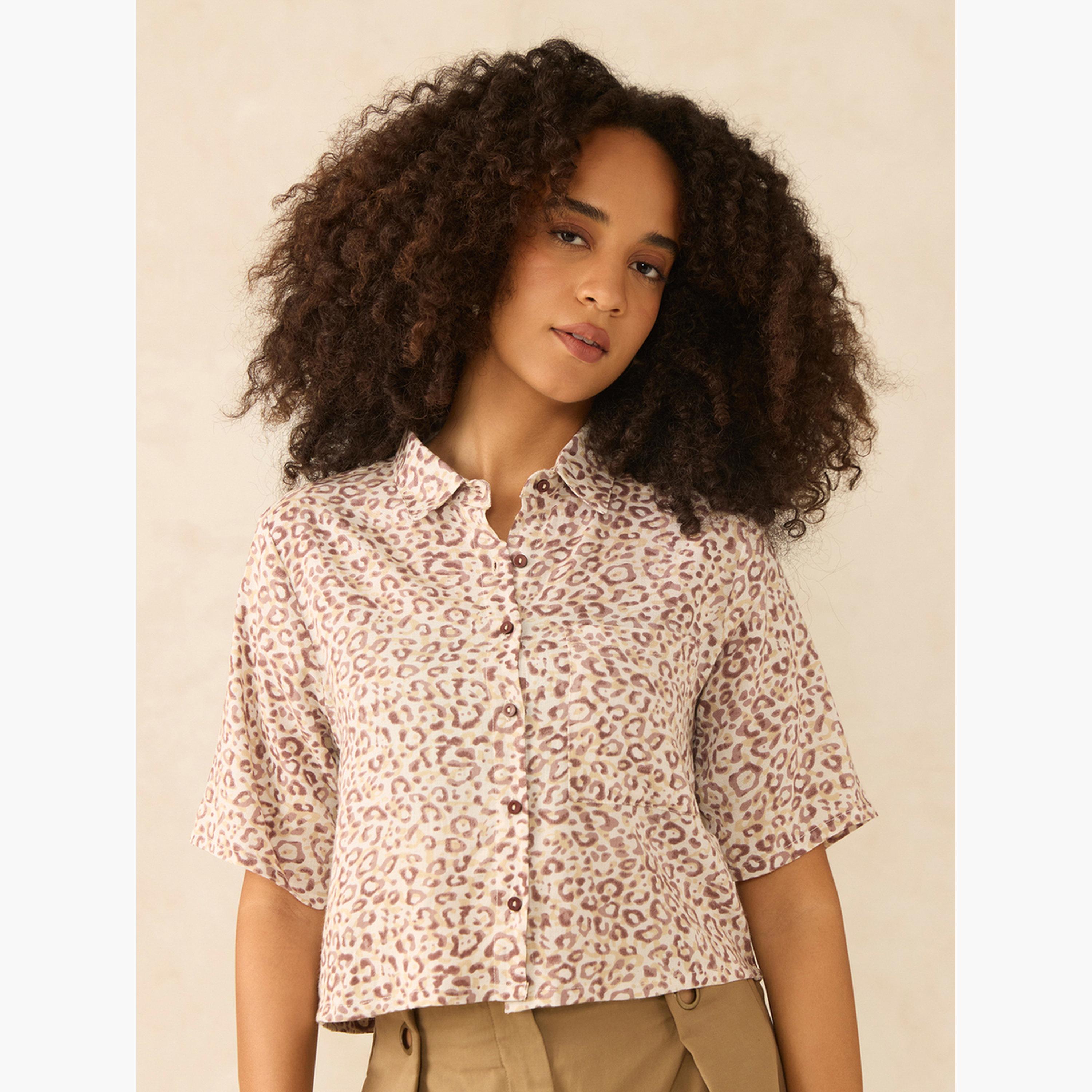 أوتزيدر × ستايلي - قميص قصير مطبوع بالكامل باللون البني-women-clothing-shirtsandblouses-shirts-image-1