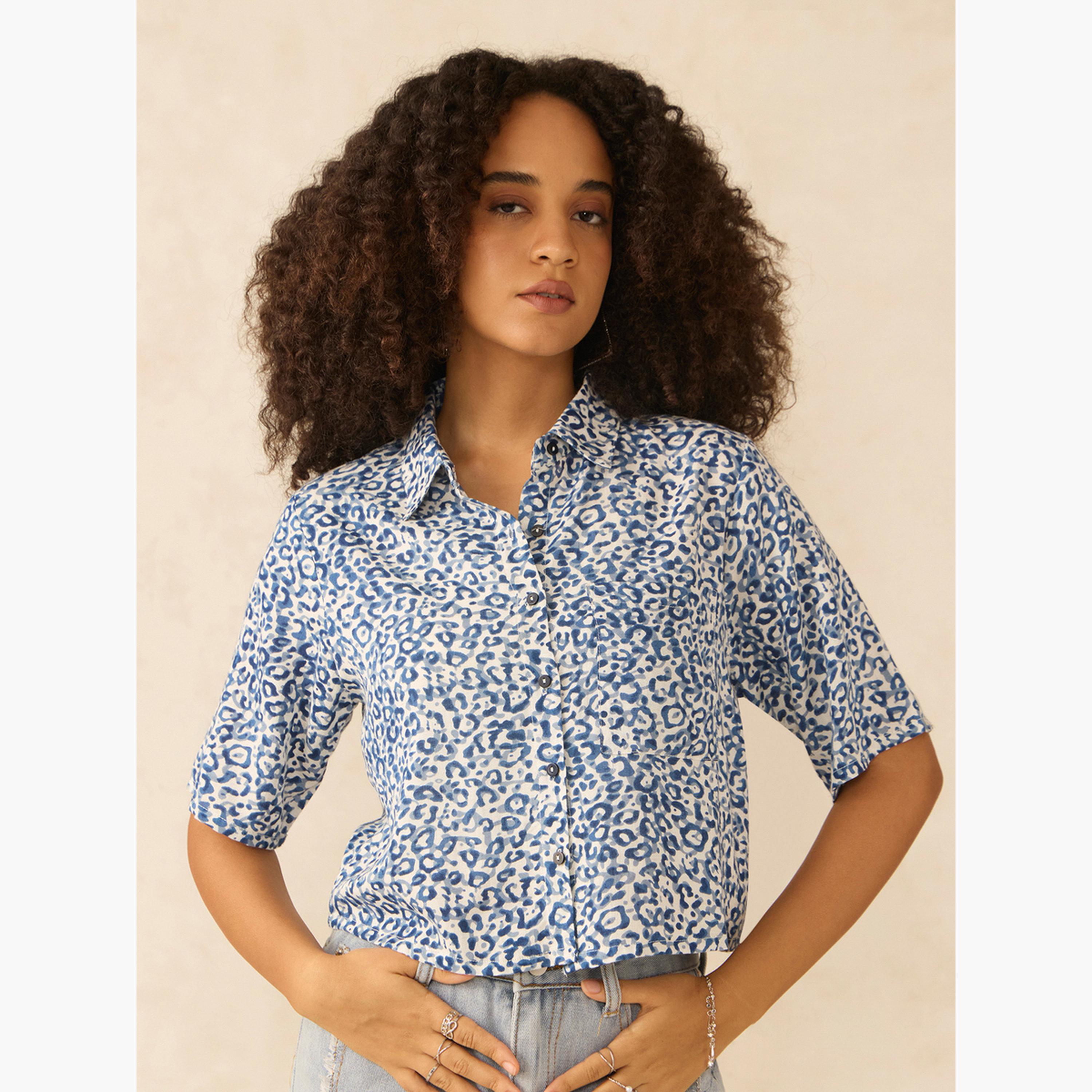 Outzidr X Styli Blue All Over Print Crop Shirt-women-clothing-shirtsandblouses-shirts-image-1