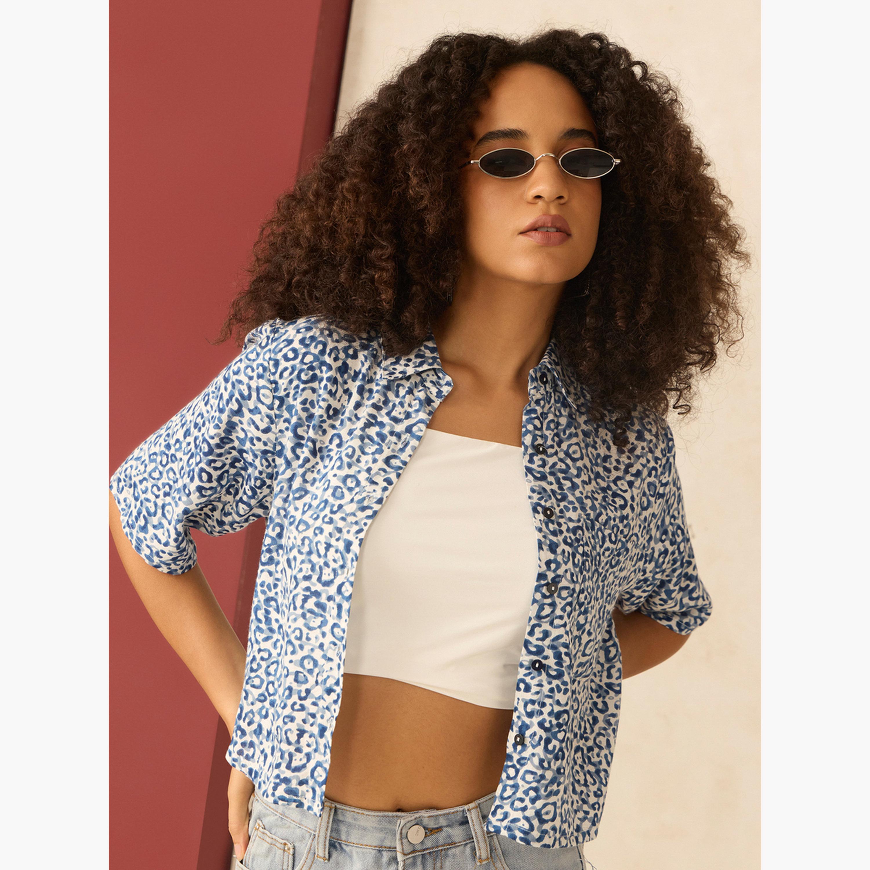 Outzidr X Styli Blue All Over Print Crop Shirt-women-clothing-shirtsandblouses-shirts-image-2