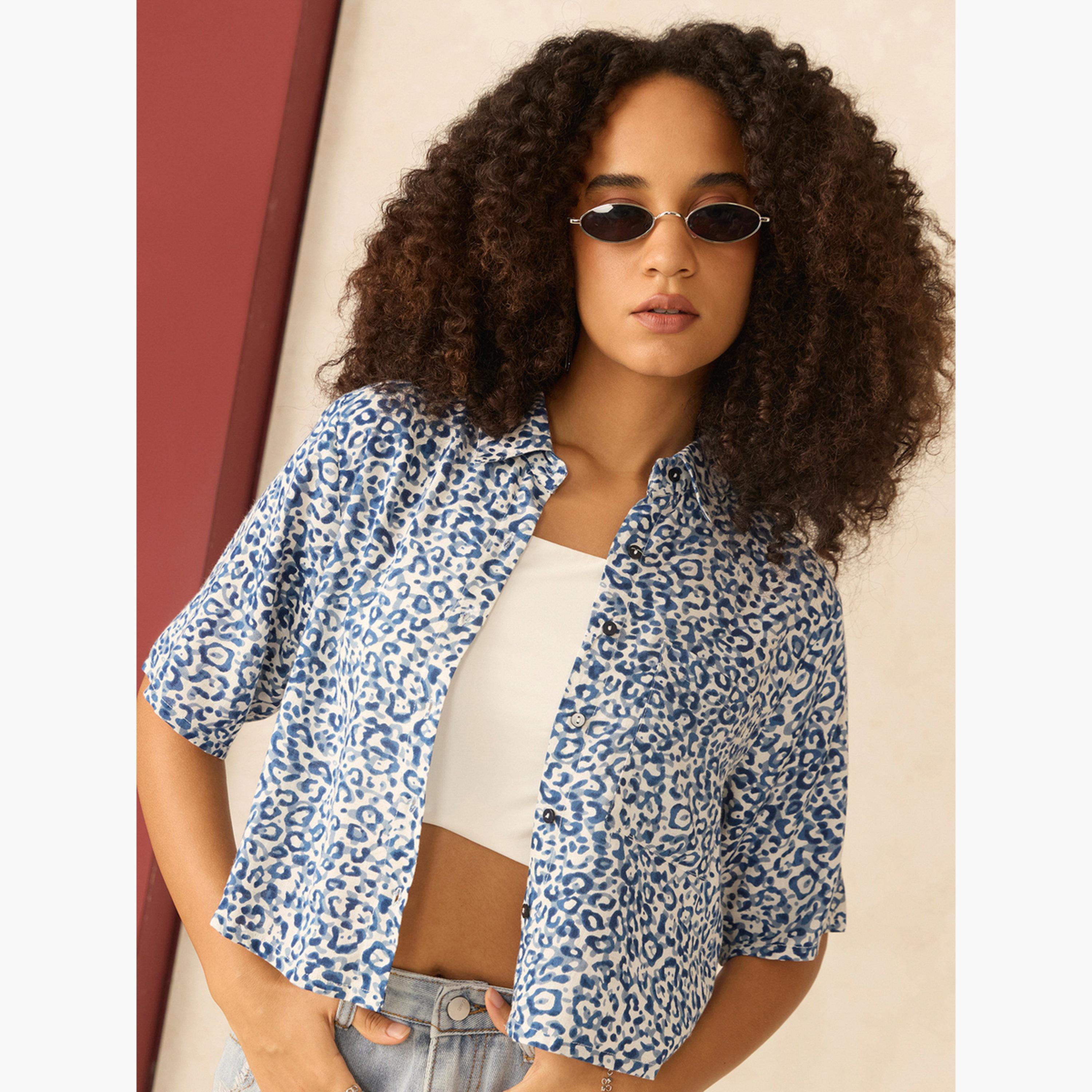 Outzidr X Styli Blue All Over Print Crop Shirt-women-clothing-shirtsandblouses-shirts-image-3