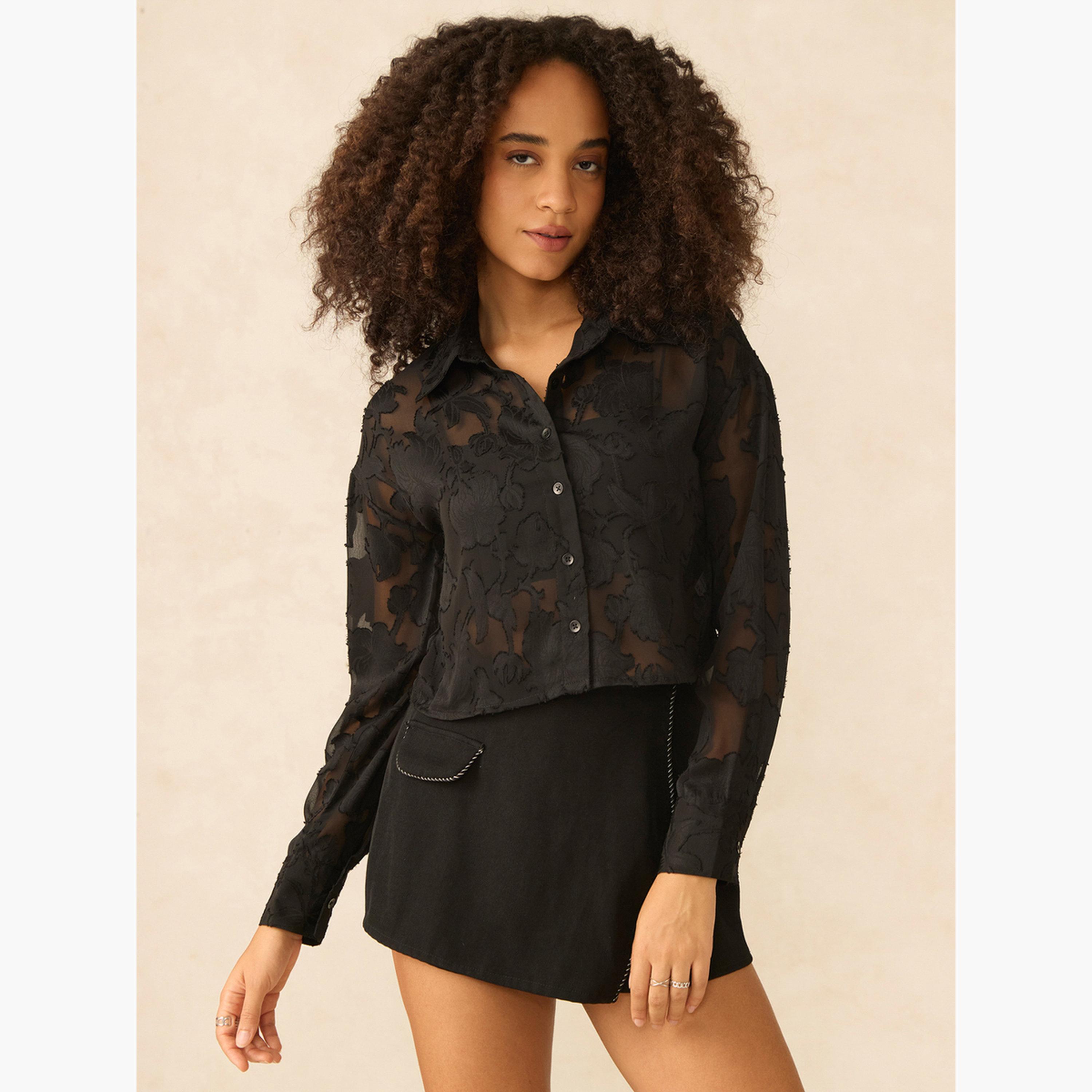أوتزيدر × ستايلي - قميص قصير أسود شفاف بنقشة جاكار-women-clothing-shirtsandblouses-shirts-image-1