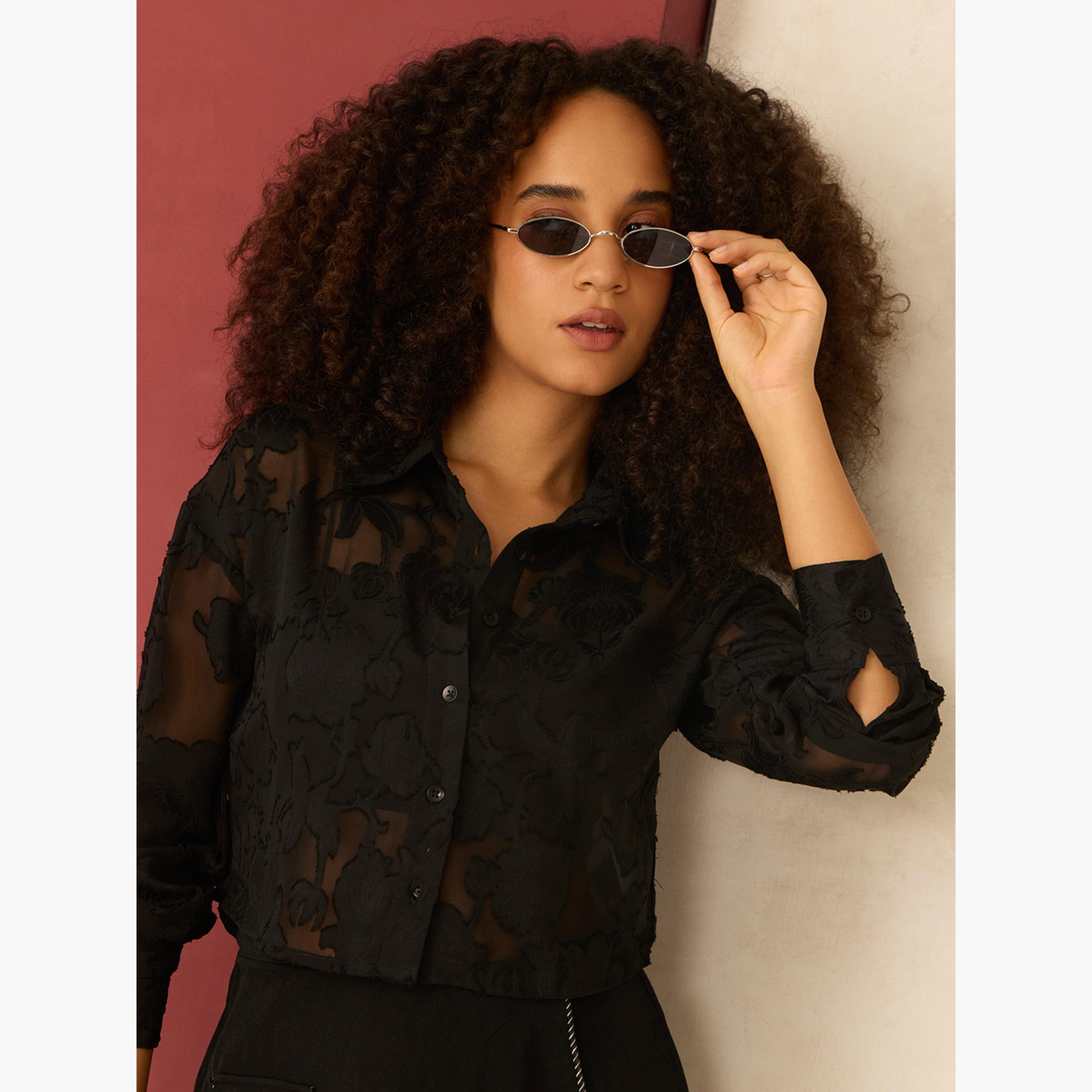 أوتزيدر × ستايلي - قميص قصير أسود شفاف بنقشة جاكار-women-clothing-shirtsandblouses-shirts-image-3