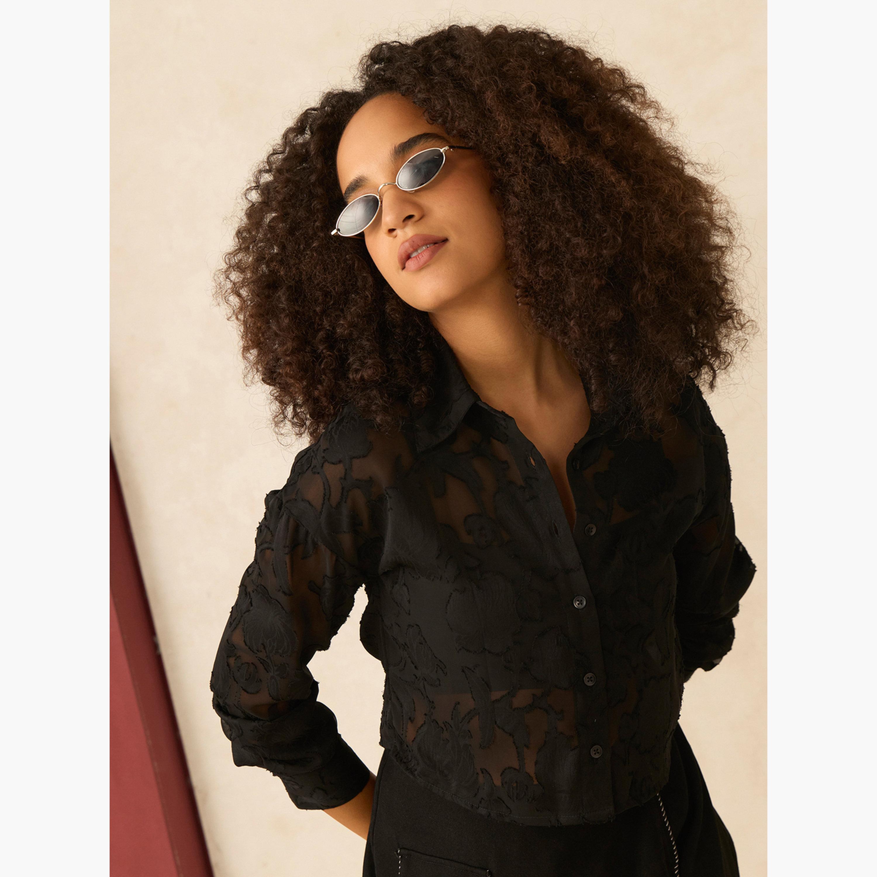 أوتزيدر × ستايلي - قميص قصير أسود شفاف بنقشة جاكار-women-clothing-shirtsandblouses-shirts-image-5