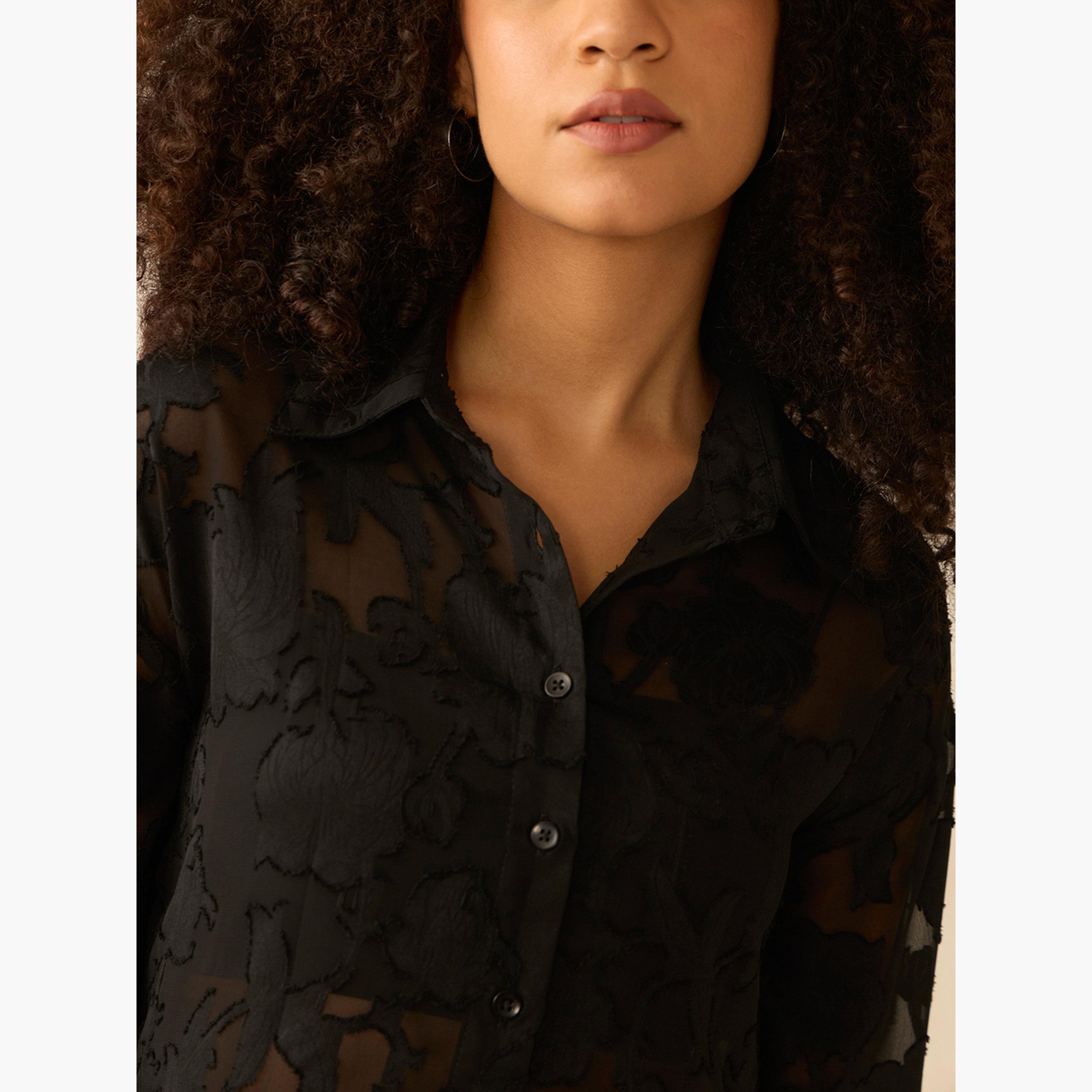 أوتزيدر × ستايلي - قميص قصير أسود شفاف بنقشة جاكار-women-clothing-shirtsandblouses-shirts-image-6