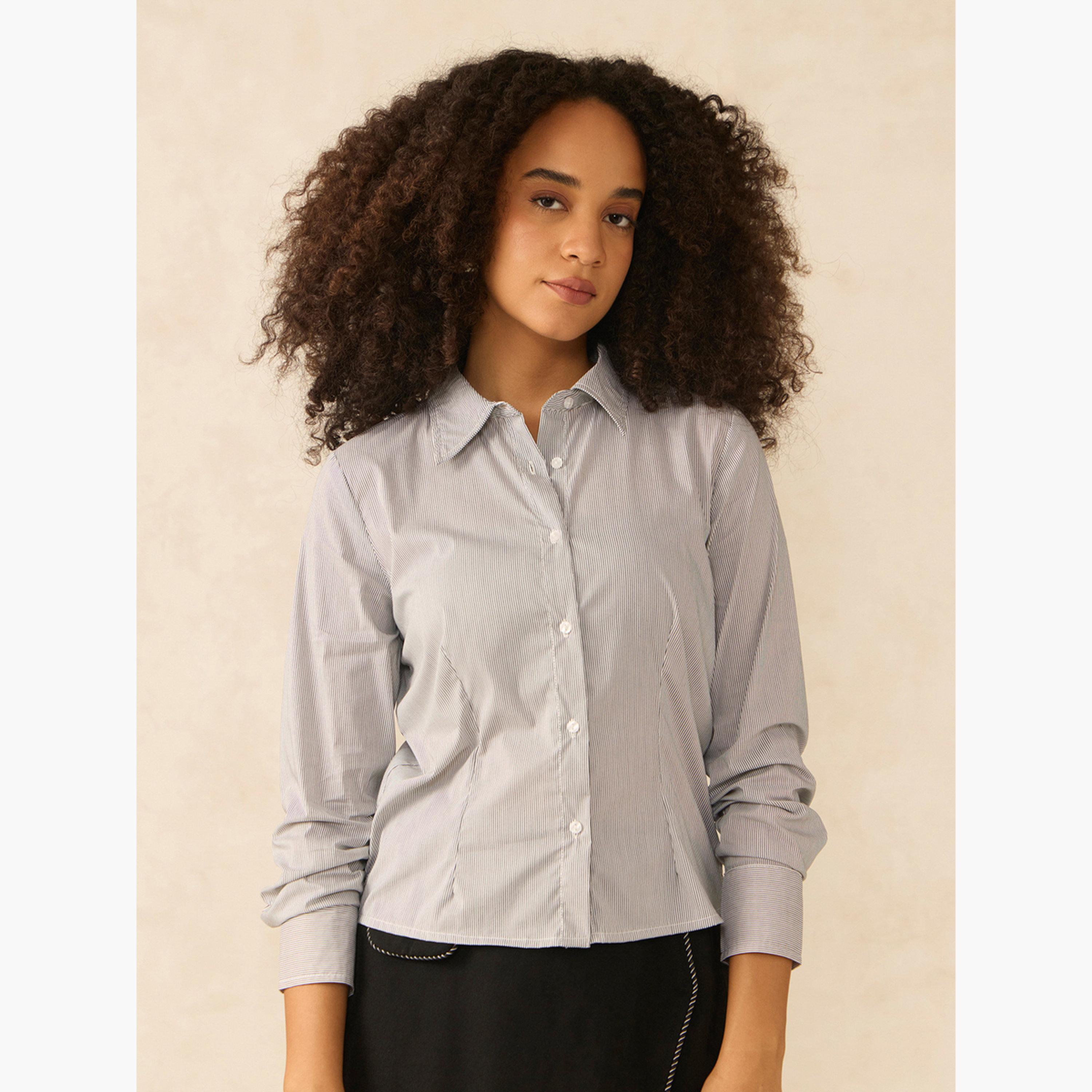 أوتزيدر × ستايلي - قميص قصير مخطط باللون الرمادي-women-clothing-shirtsandblouses-shirts-image-1