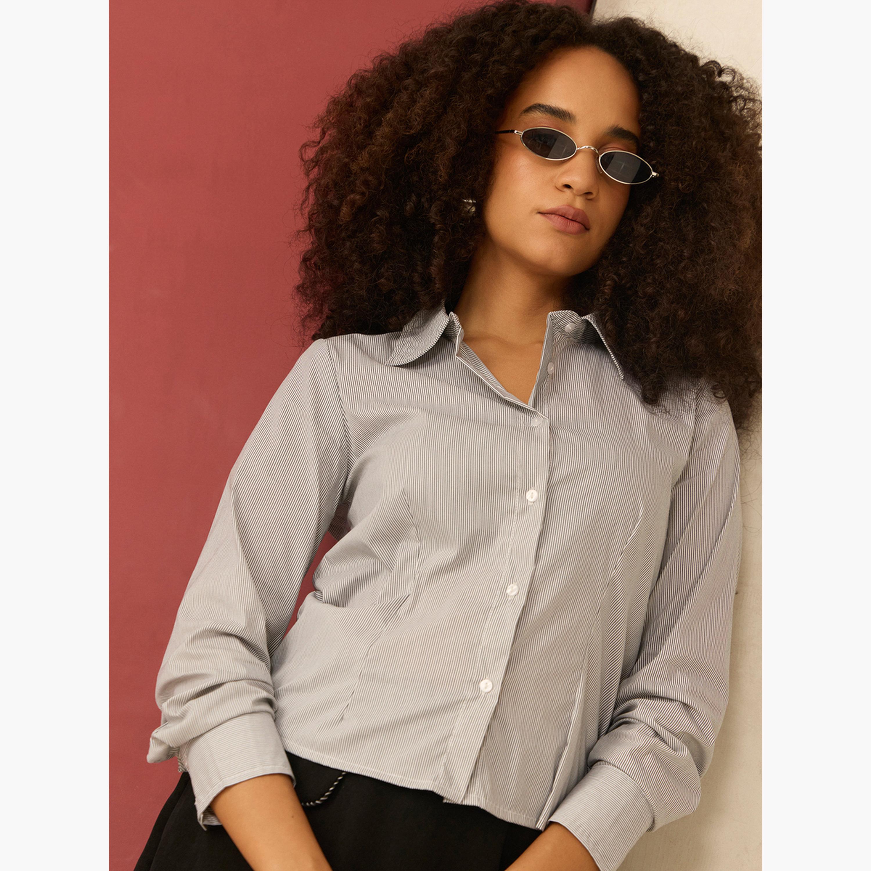 أوتزيدر × ستايلي - قميص قصير مخطط باللون الرمادي-women-clothing-shirtsandblouses-shirts-image-2